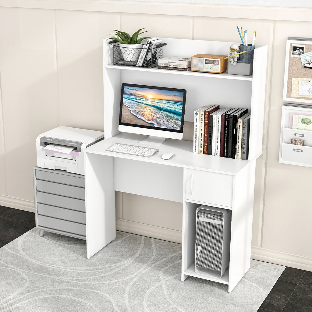 Home Office Desk with Raised Display Shelf and 2 Open Shelves-Gray