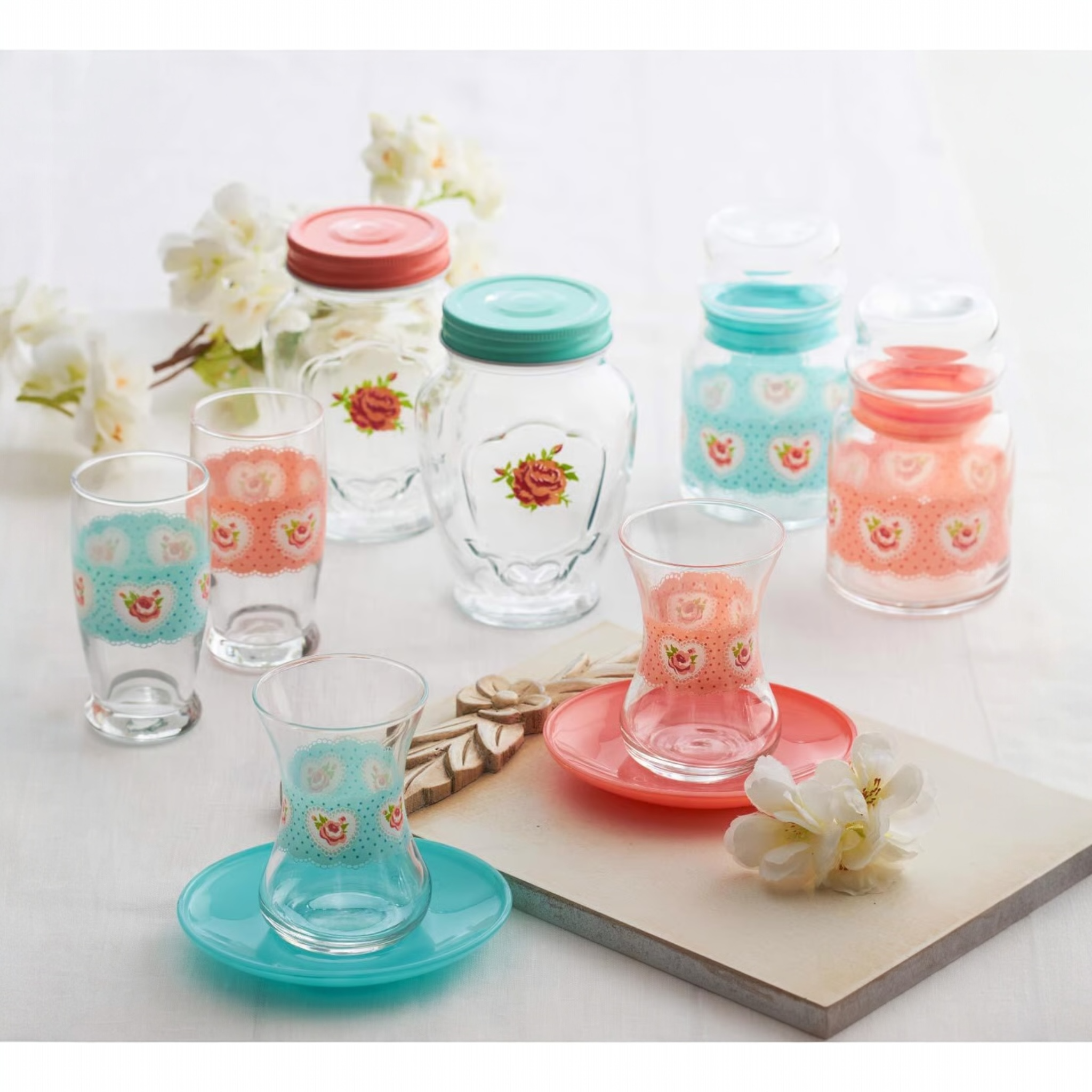 Turkish Tea Glass Set with Saucers 5.75 oz – LAV MONA PASTEL - Set of 6+6