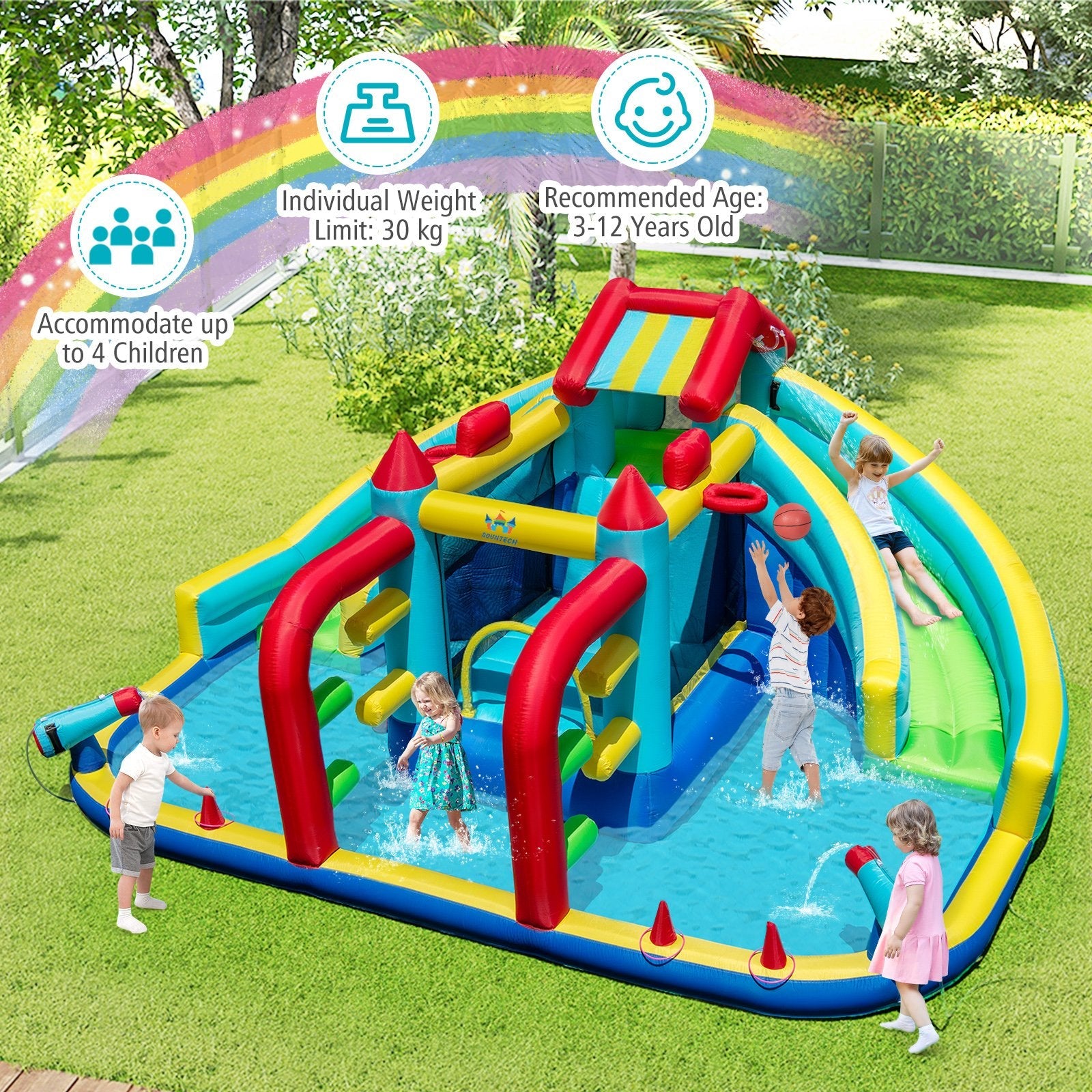 Inflatable Double Water Slide Park with 750W Blower and Obstacle Course
