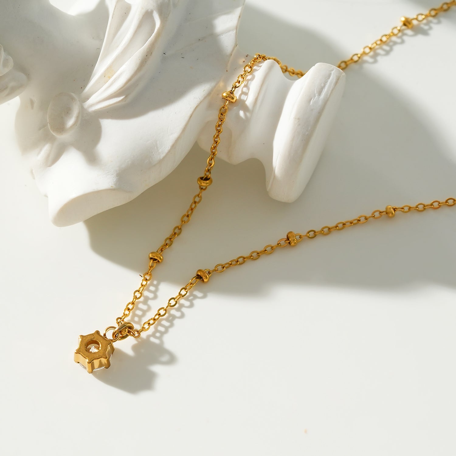 KADIRI Gold:  Solitaire Zirconia Charm Pendant on a Beaded Chain Necklace