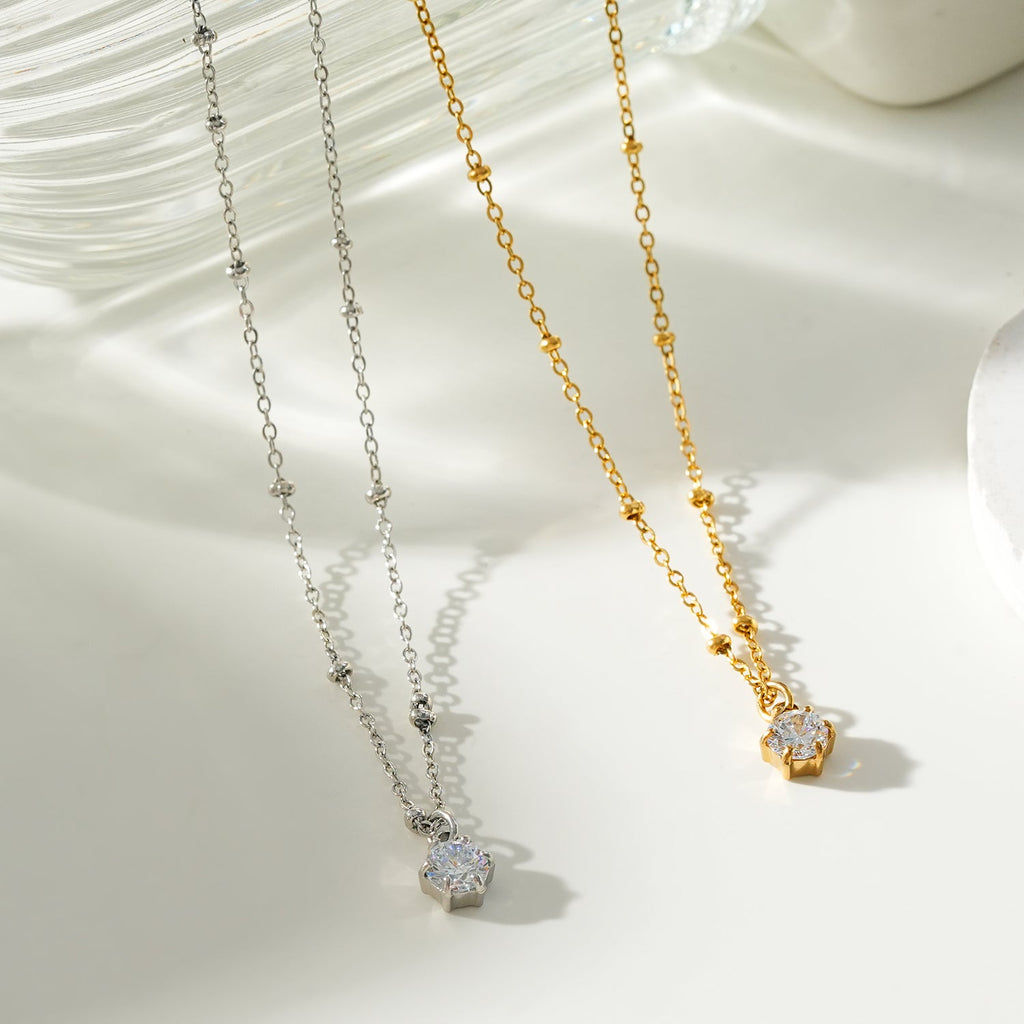KADIRI Gold:  Solitaire Zirconia Charm Pendant on a Beaded Chain Necklace