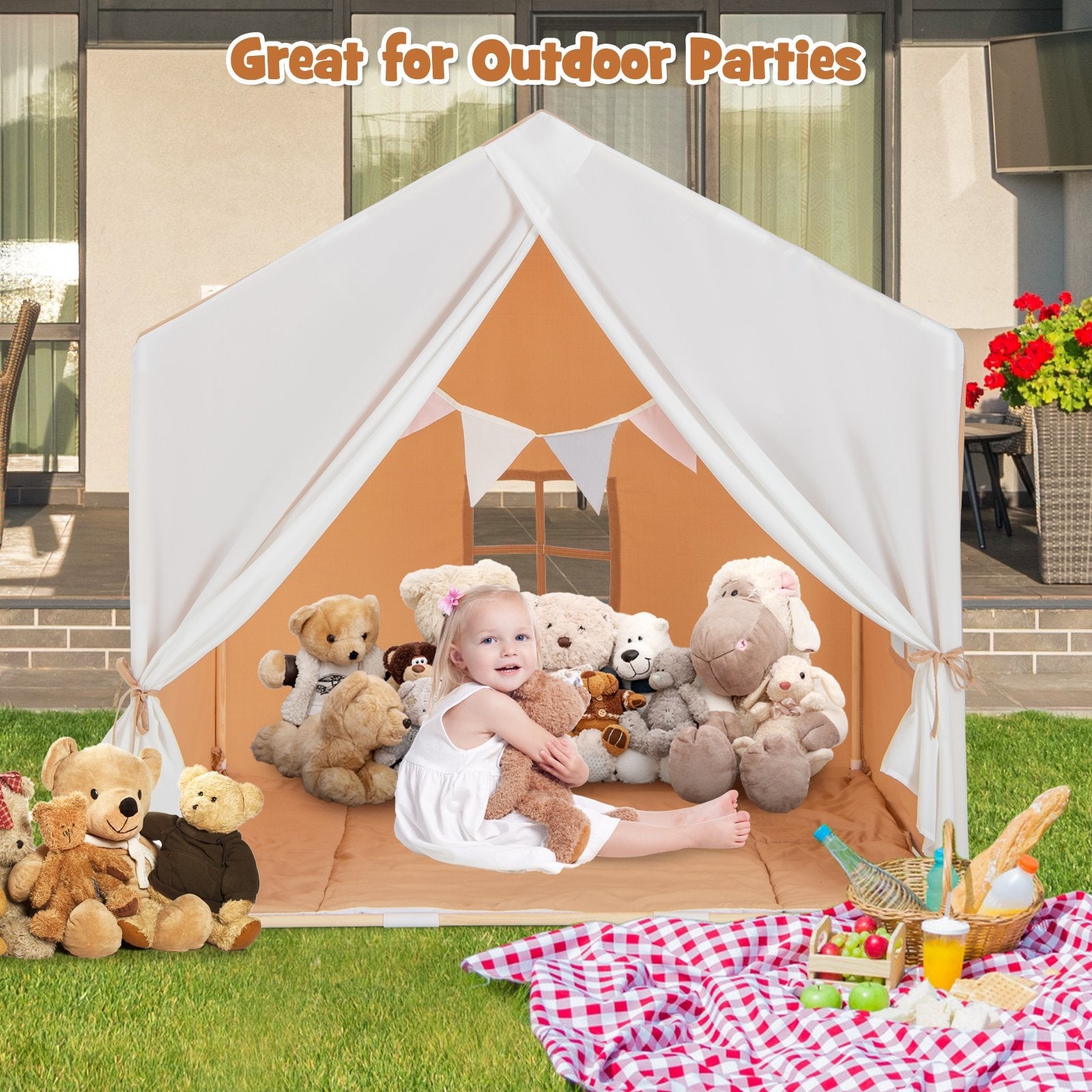 Kid's Play Tent with Washable Cotton Mat and Flag Banner-Gray