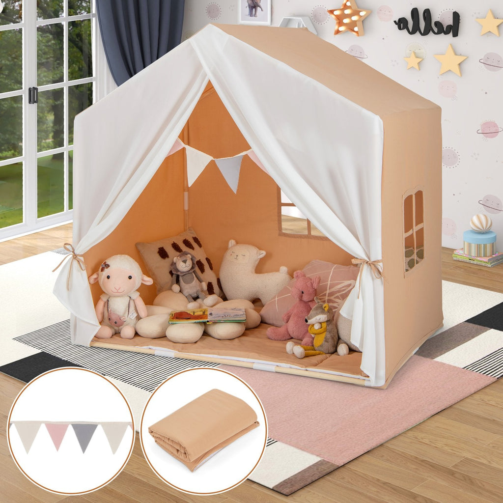 Kid's Play Tent with Washable Cotton Mat and Flag Banner-Gray