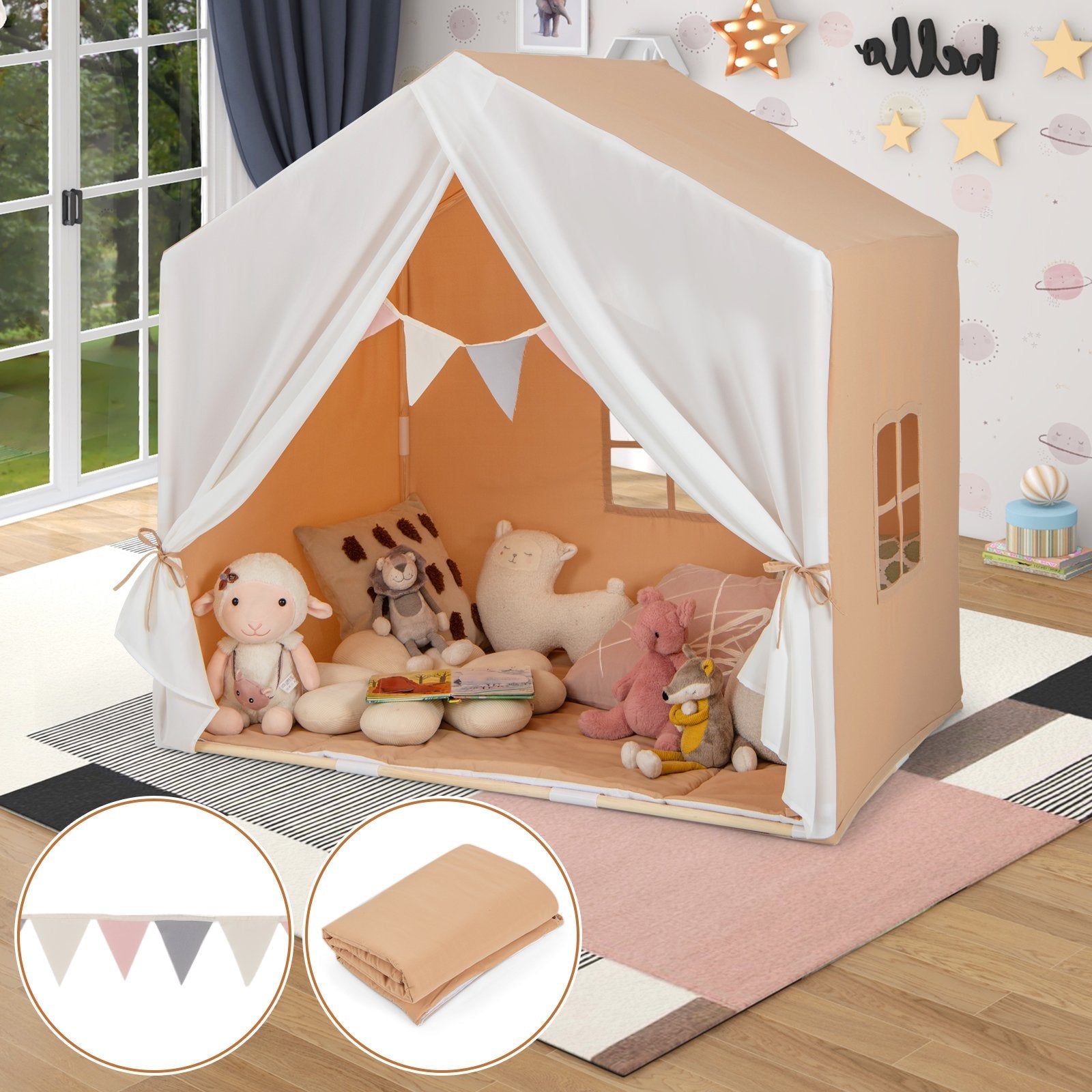 Kid's Play Tent with Washable Cotton Mat and Flag Banner-Gray