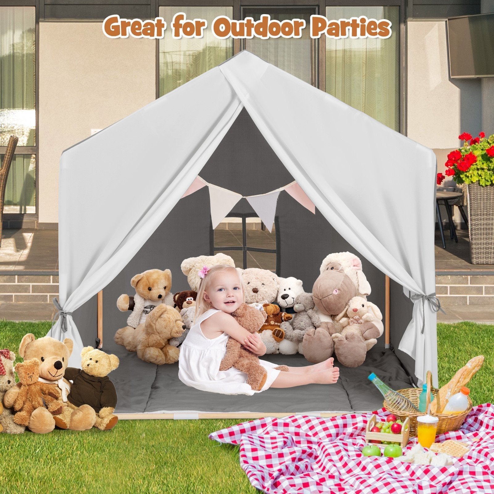 Kid's Play Tent with Washable Cotton Mat and Flag Banner-Gray