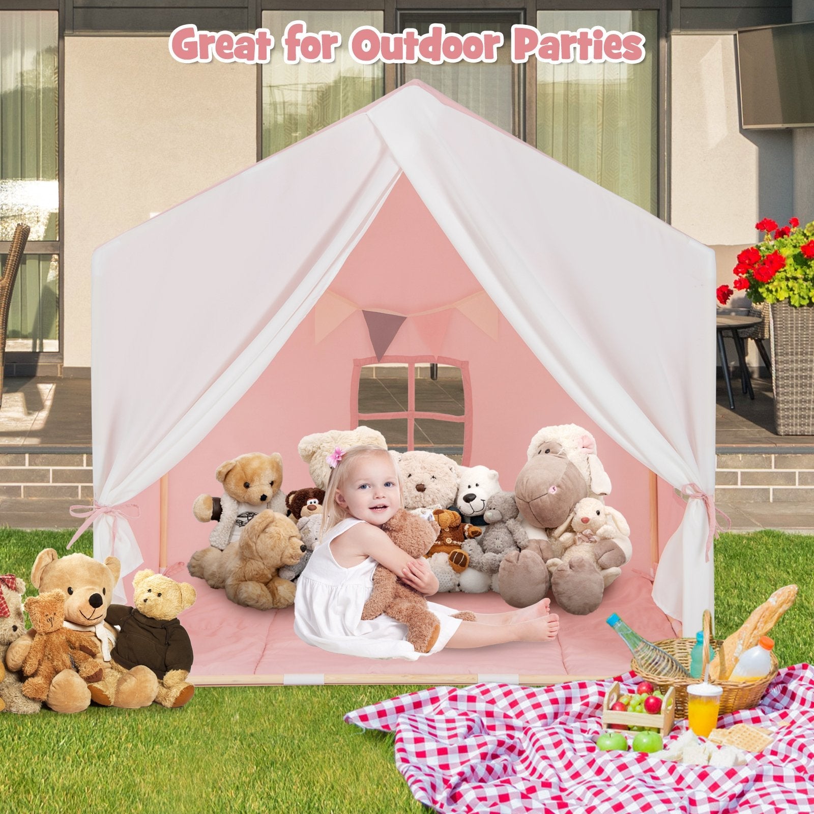 Kid's Play Tent with Washable Cotton Mat and Flag Banner-Gray
