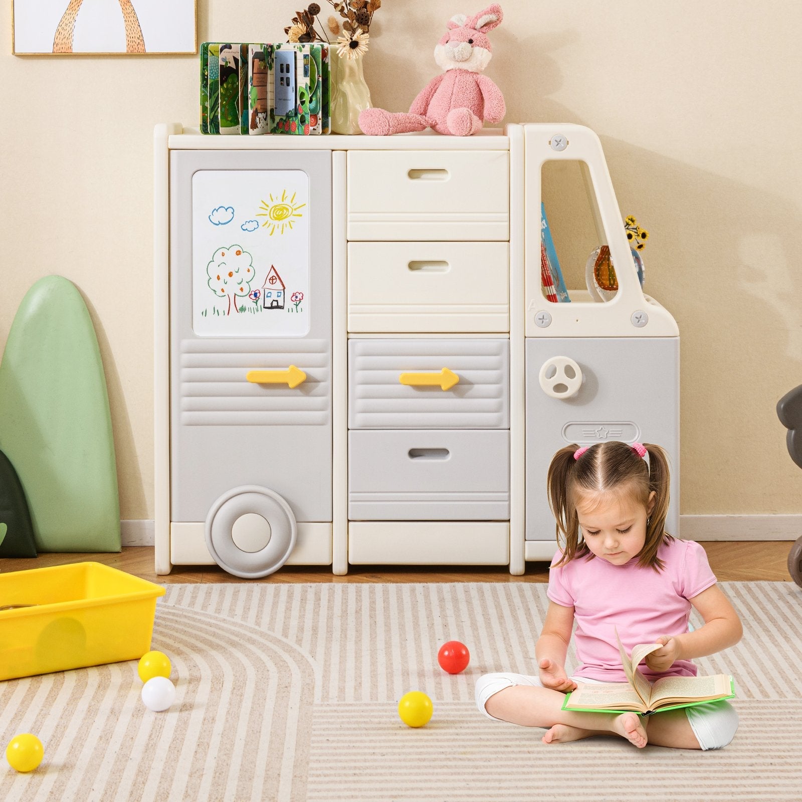 Kids Toy Storage Organizer Bus-shaped Children Cabinet with 4 Pull-out Drawers with Handles-Gray