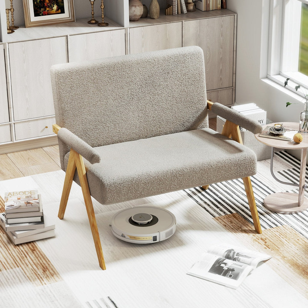 Loveseat Sofa with Armrests and Wooden Legs-Beige