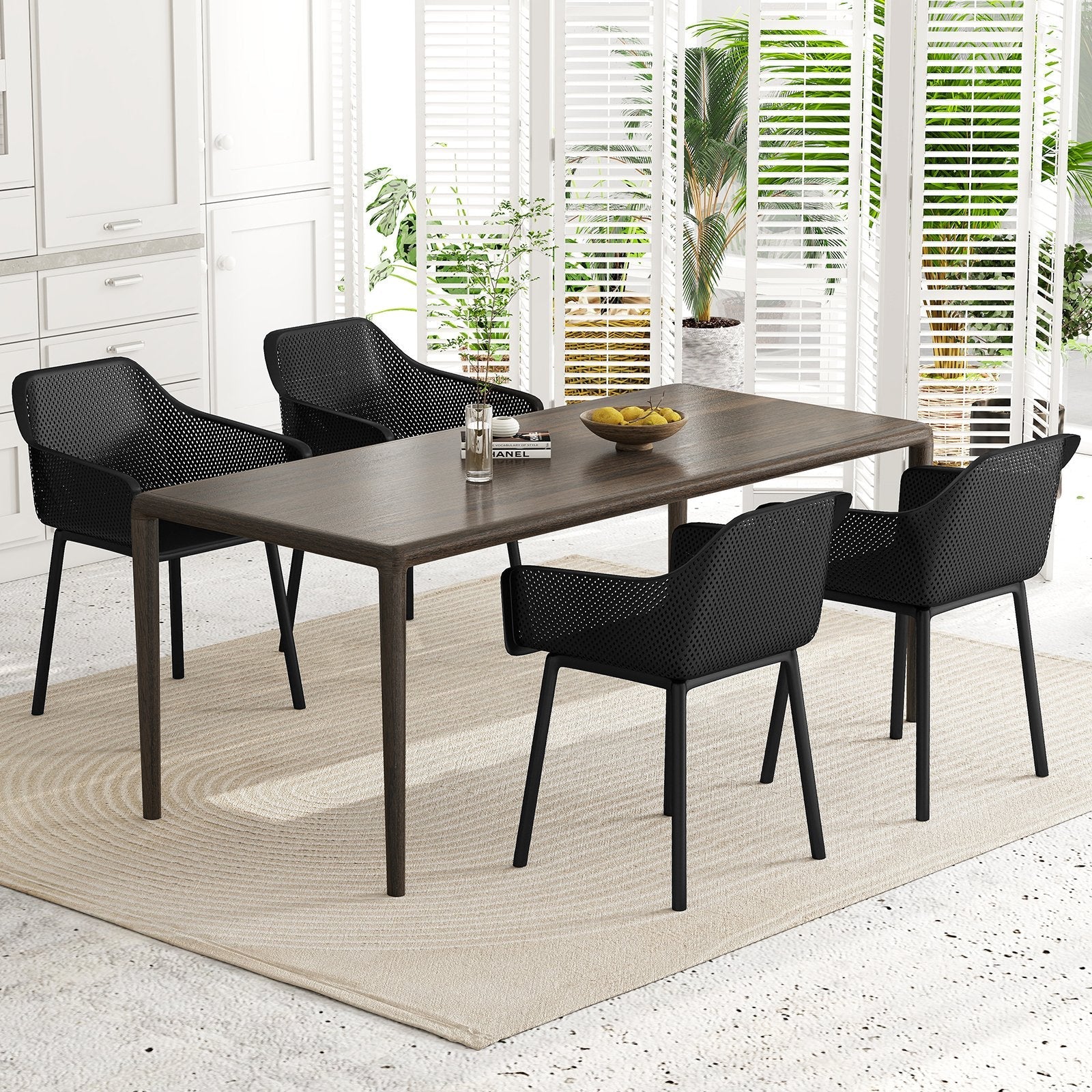 Modern Plastic Dining Chairs Set of 4 Kitchen Armchairs with Breathable Mesh Backrest-Black