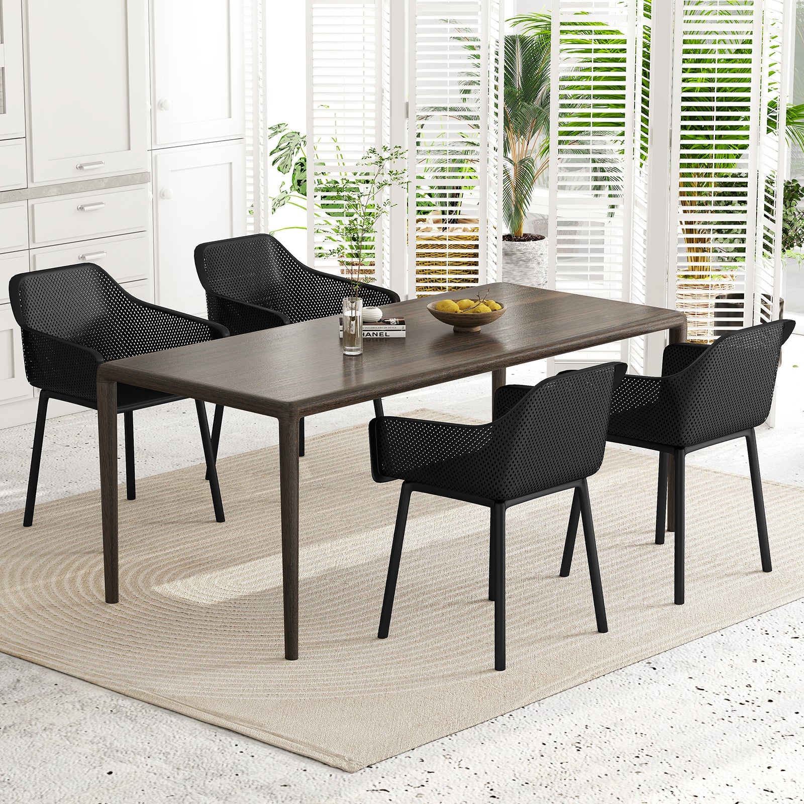 Modern Plastic Dining Chairs Set of 2 Kitchen Armchairs with Breathable Mesh Backres-Black