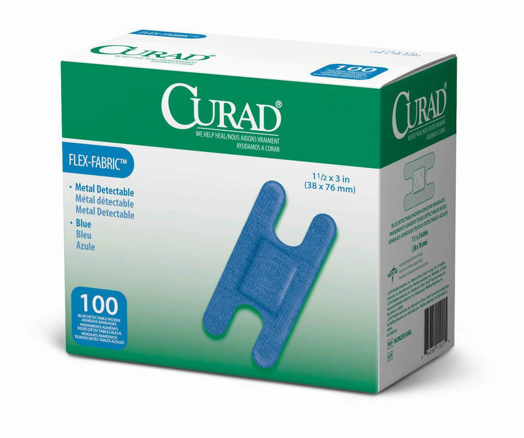 CURAD Flex Fabric Detectable Knuckle Bandage, Blue, 1 1/2" x 3", Box of 100
