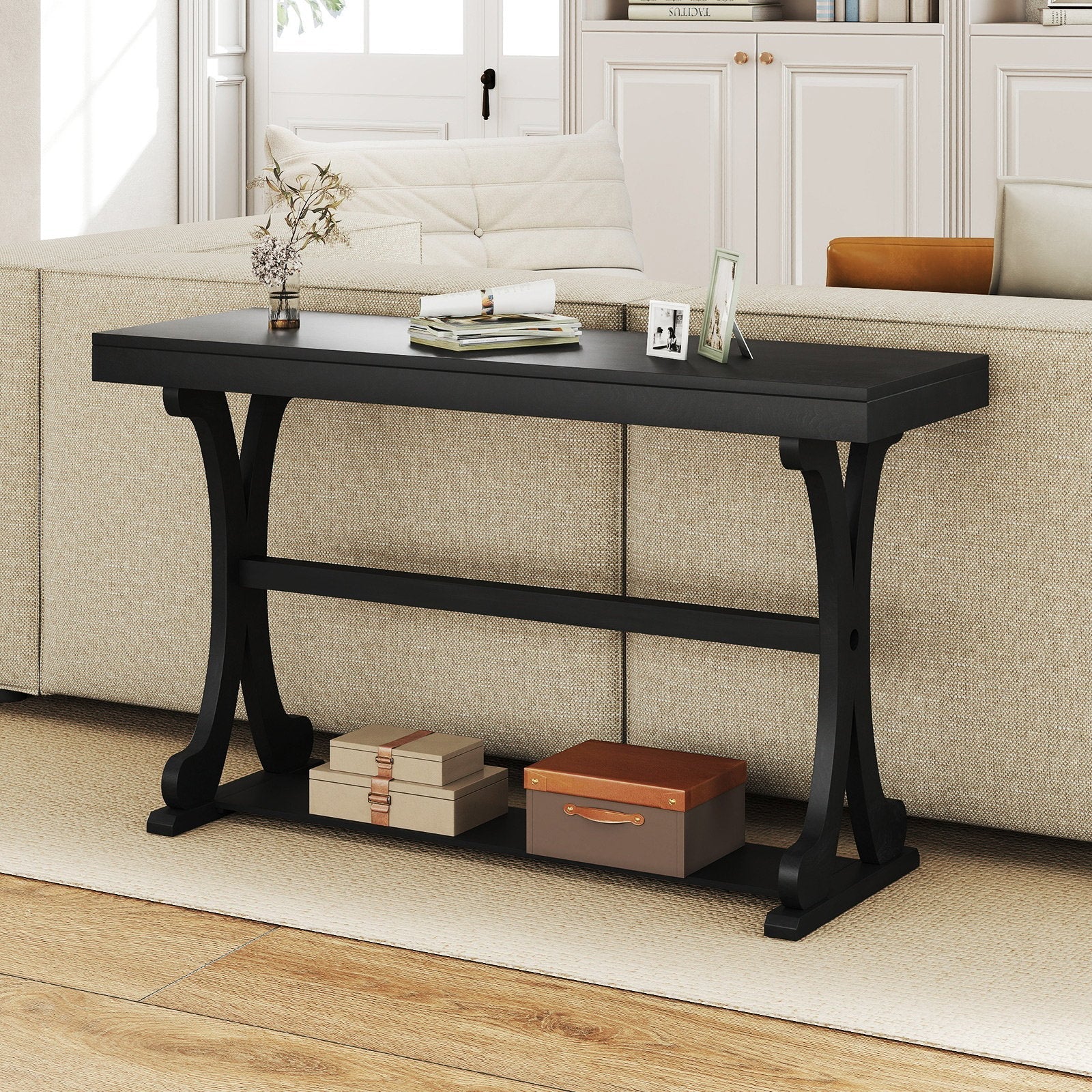 Narrow Console Table Vintage 52 Inch Long with Open Storage Shelf-Black