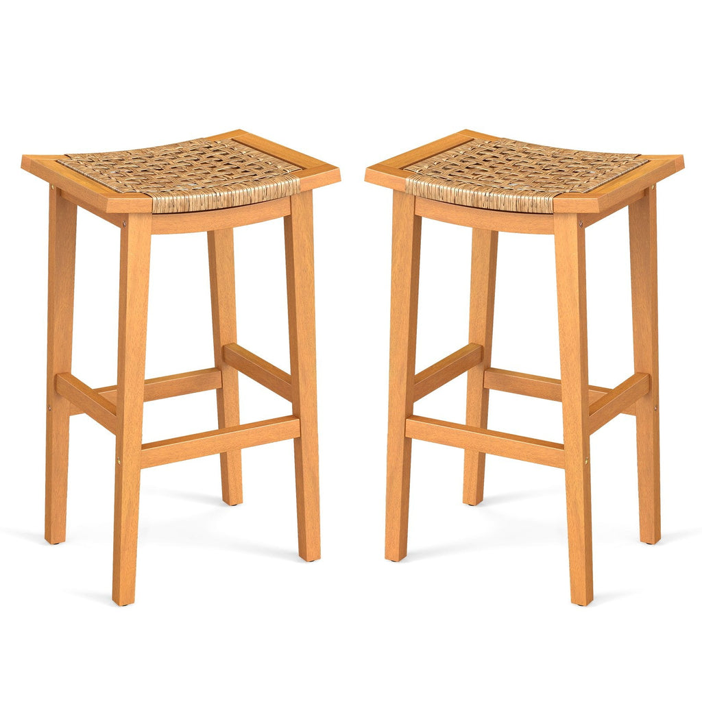 Outdoor Acacia Wood Bar Stools Set of 2 with PE Rattan Seats and Backrests