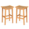 Outdoor Acacia Wood Bar Stools Set of 2 with PE Rattan Seats and Backrests