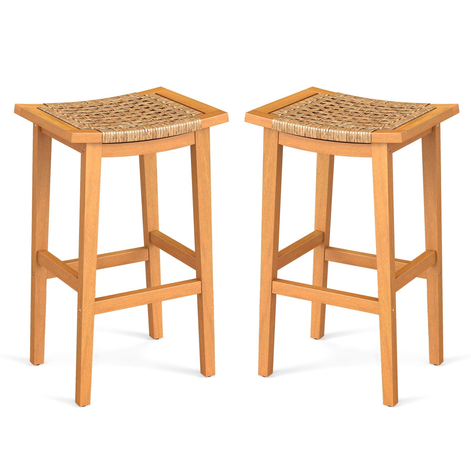 Outdoor Acacia Wood Bar Stools Set of 2 with PE Rattan Seats and Backrests
