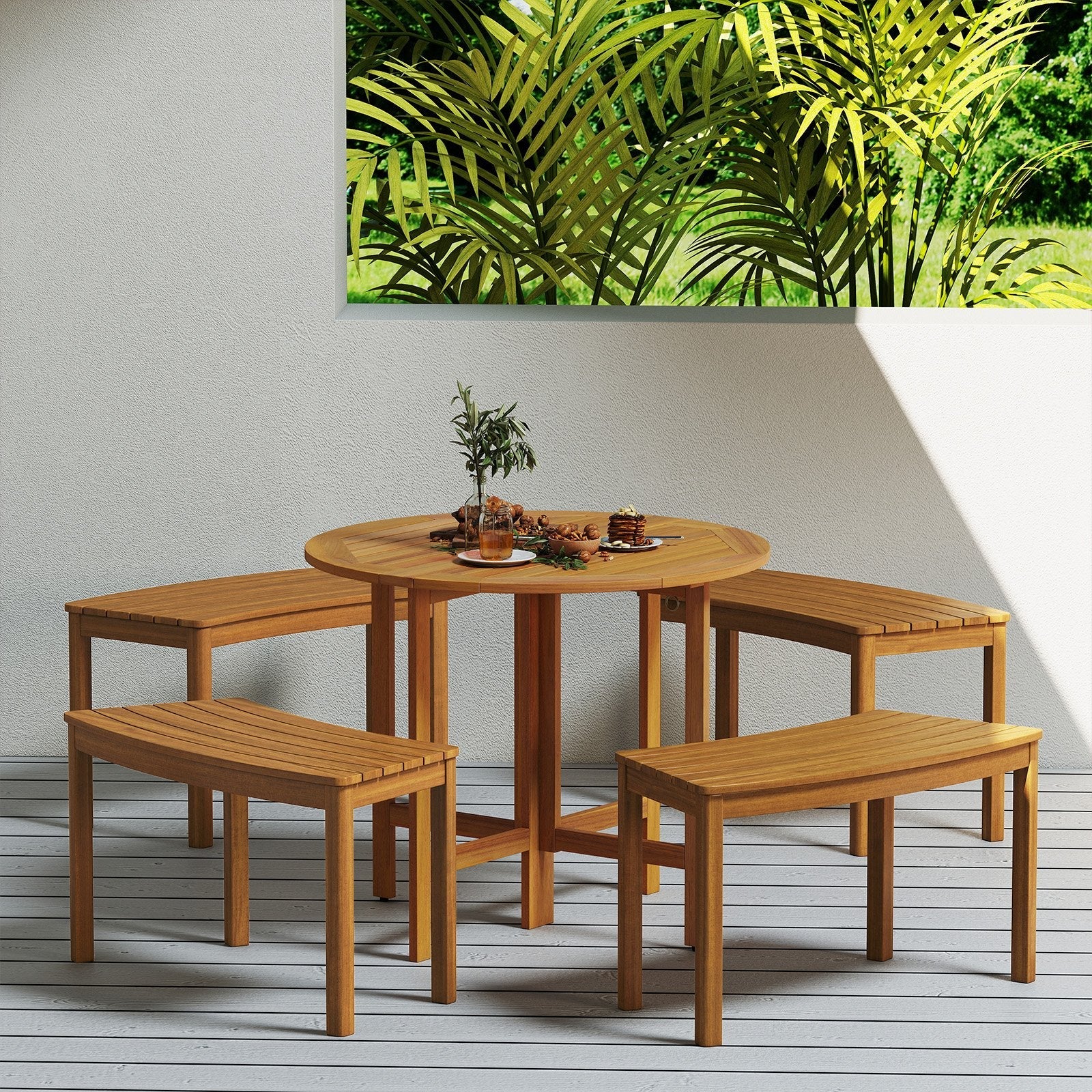 Outdoor Curved Acacia  Wood Bench Set of 2/3/4 for Front Porch-4