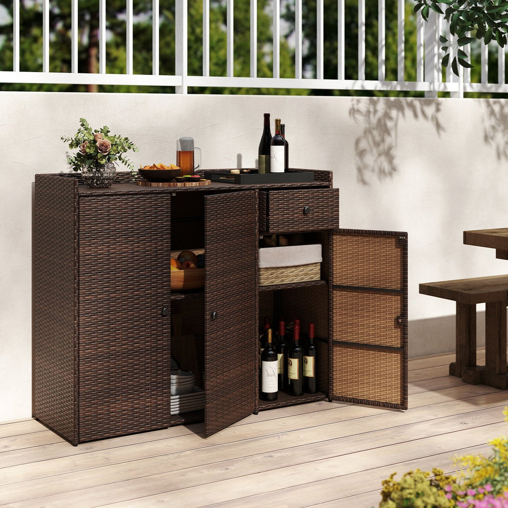 Outdoor PE Wicker Storage Cabinet with 3 Doors for Deck