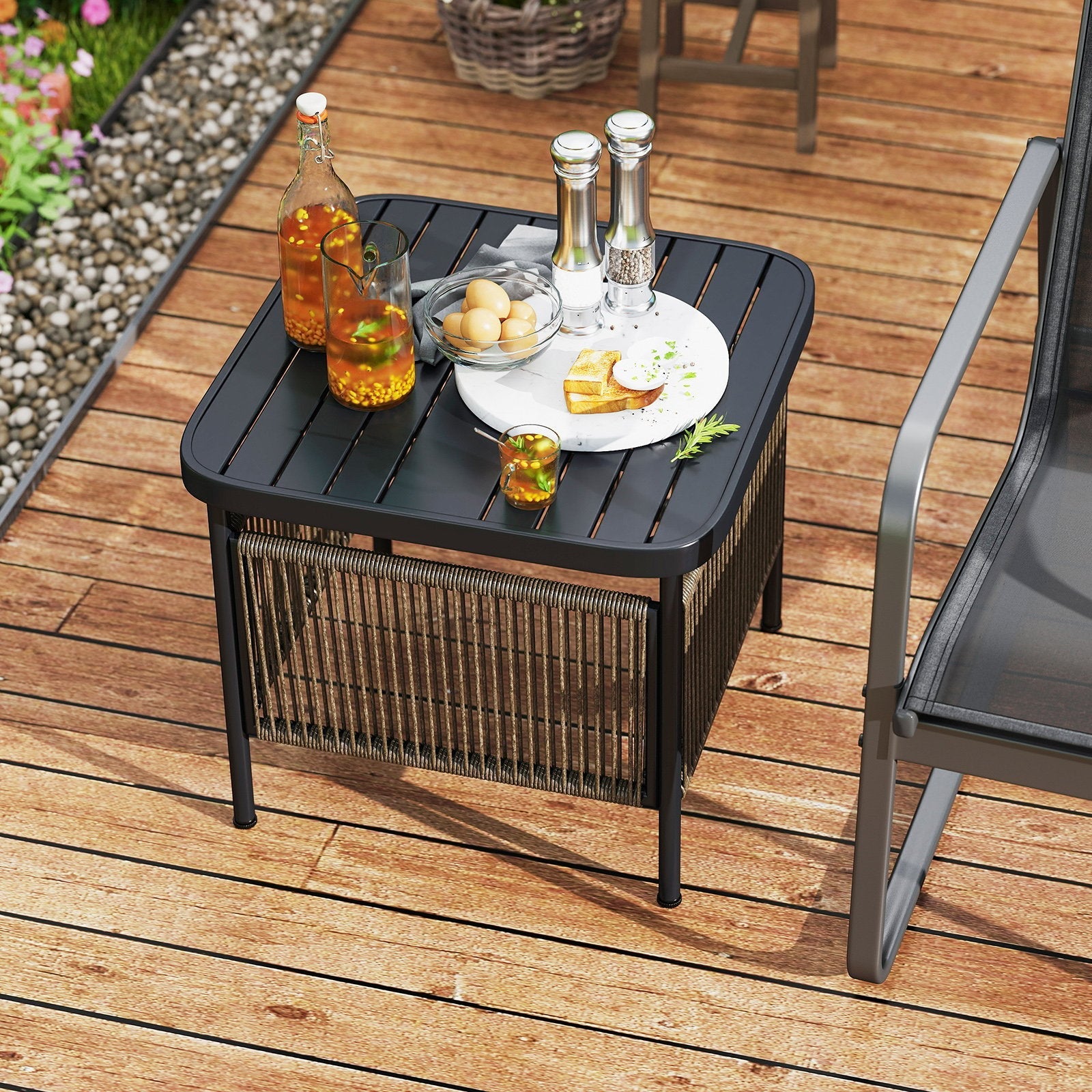 Outdoor Side Table with Umbrella Hole and Storage Shelf