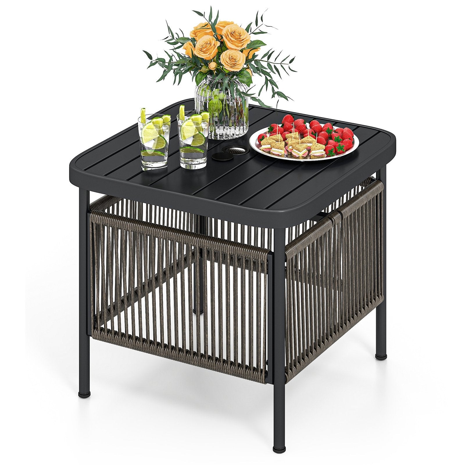 Outdoor Side Table with Umbrella Hole and Storage Shelf