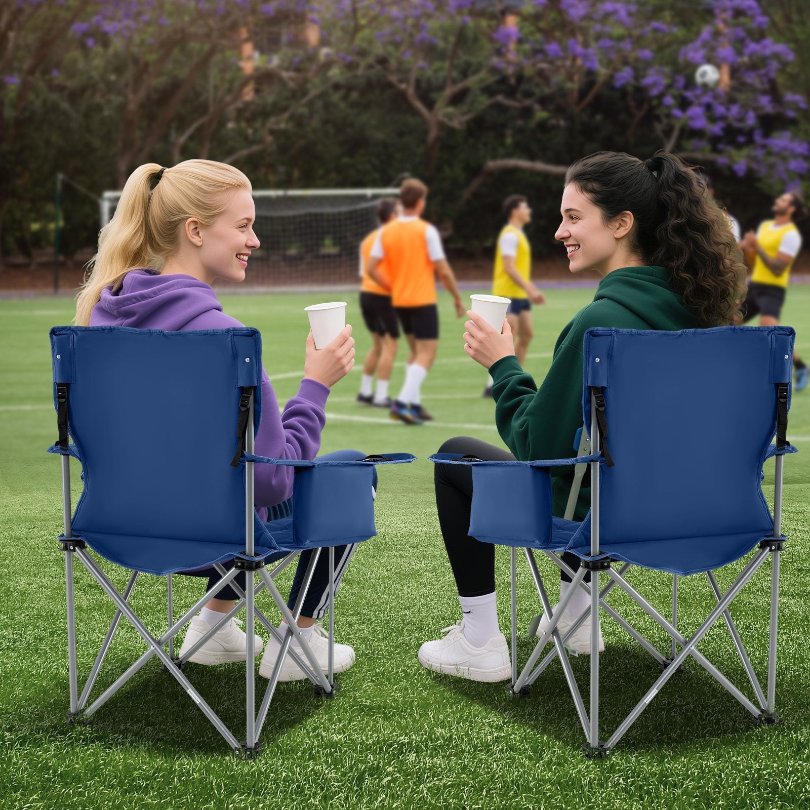 Oversized Camping Chairs Outdoor Folding Chair with Cooler Pouch and Cup Holder-Gray