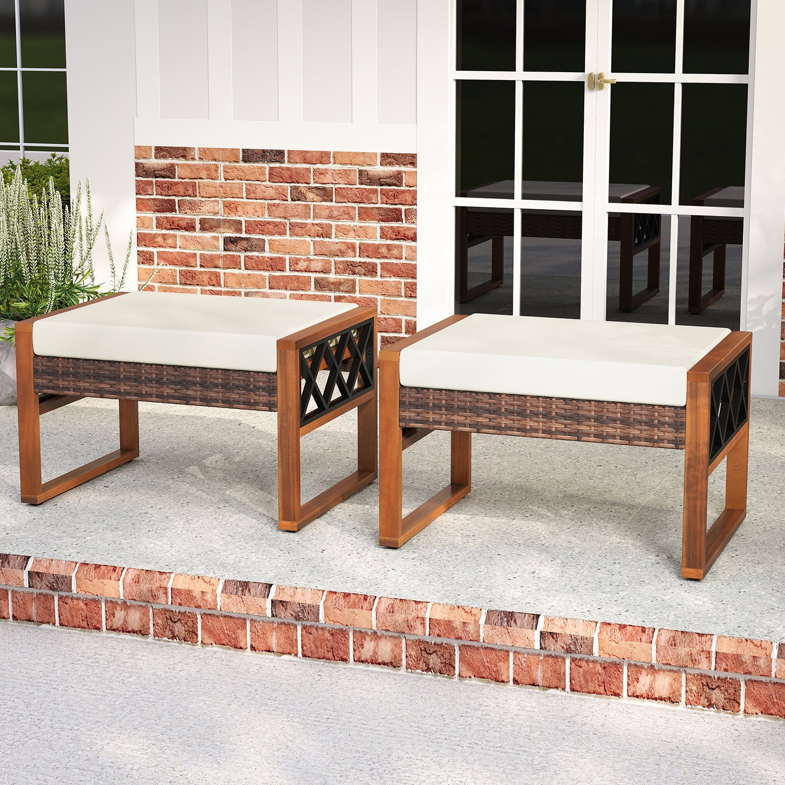 PE Rattan Wicker Ottomans Set of 2 with Removable Cushions-Beige