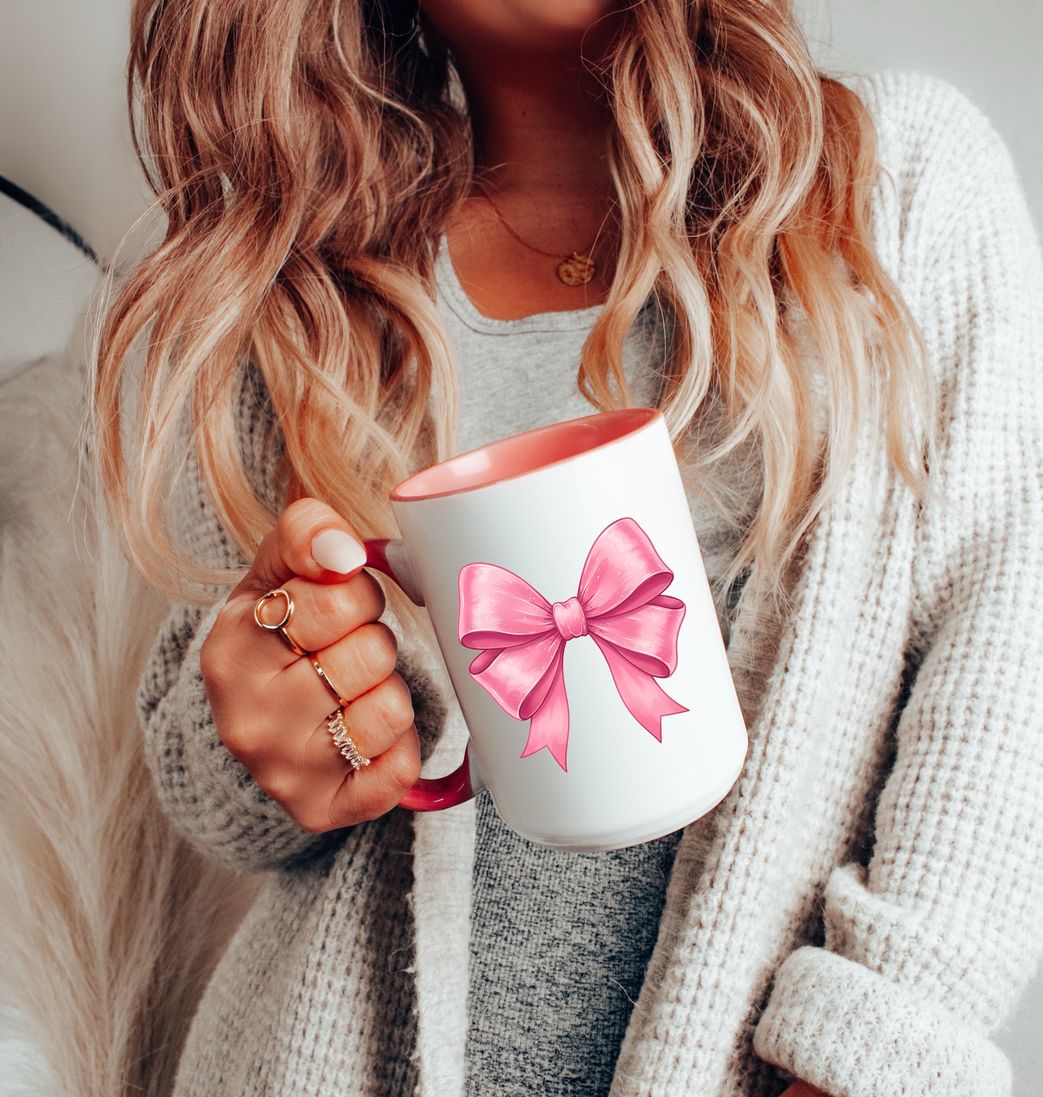 Pink Bow 15oz Ceramic Coffee Mug — Cute Coquette Bow Mug, Feminine Coffee Cup, Girly Gift Idea