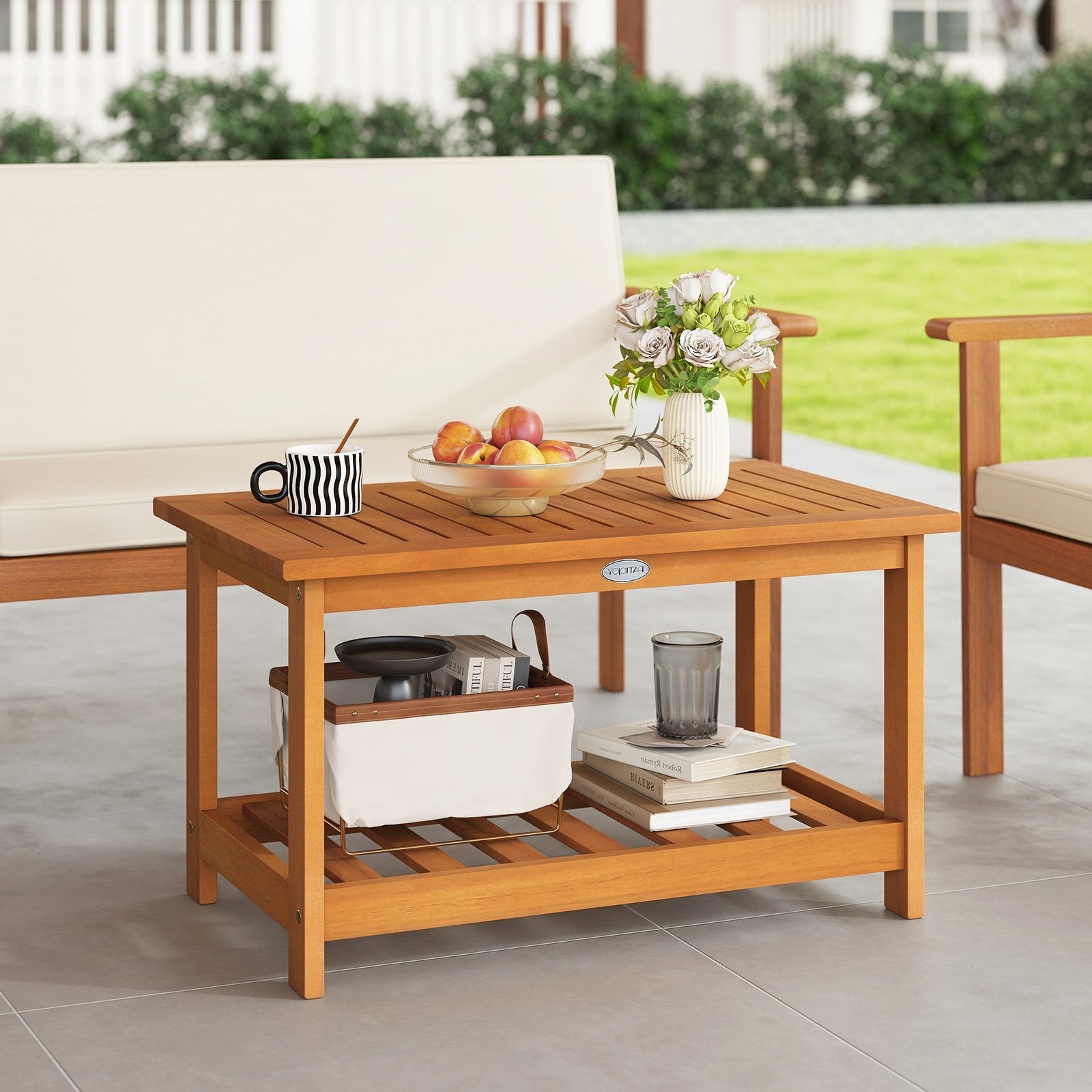 Patio Acacia Wood Coffee Table 2-Tier Rectangular Center Table