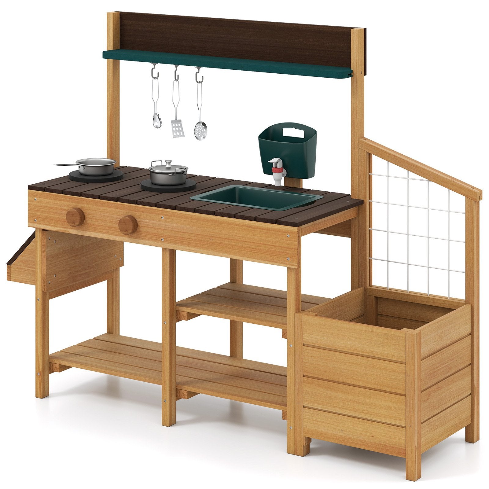 Play Kitchen for Kids Wooden Toy Kitchen Playset Pretend Mud Kitchen-Brown