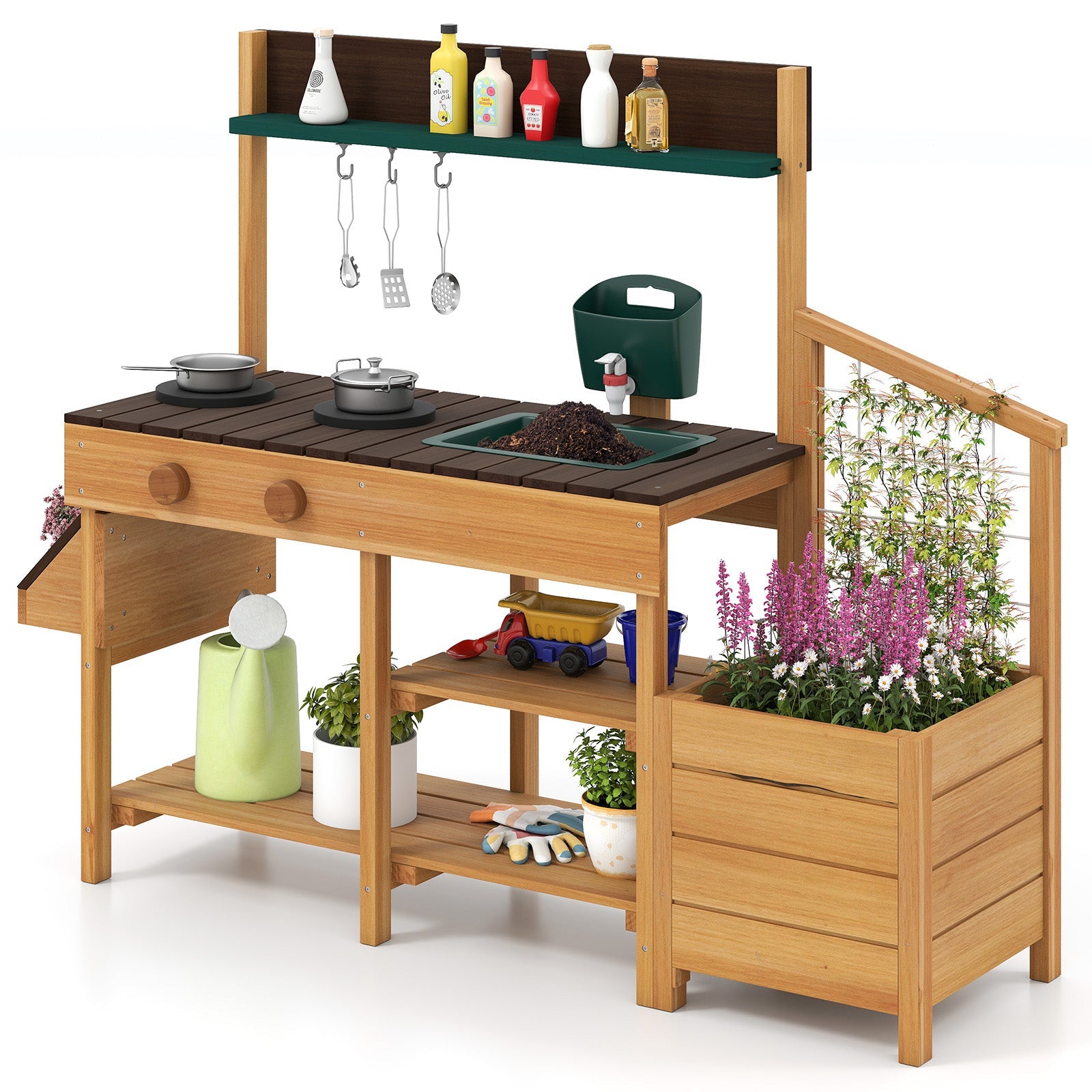 Play Kitchen for Kids Wooden Toy Kitchen Playset Pretend Mud Kitchen-Brown