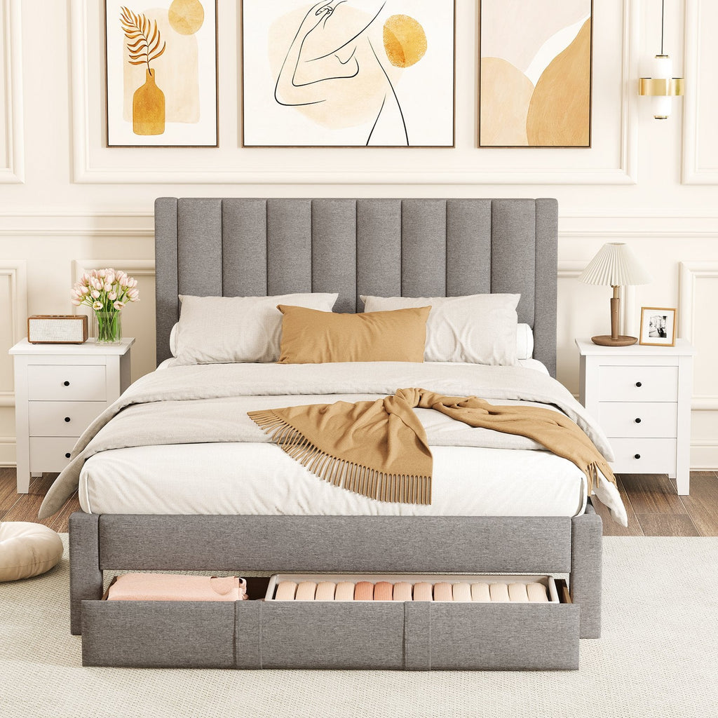 Queen Size Bed Frame with Storage Drawer and Vertical Channel Headboard-Beige