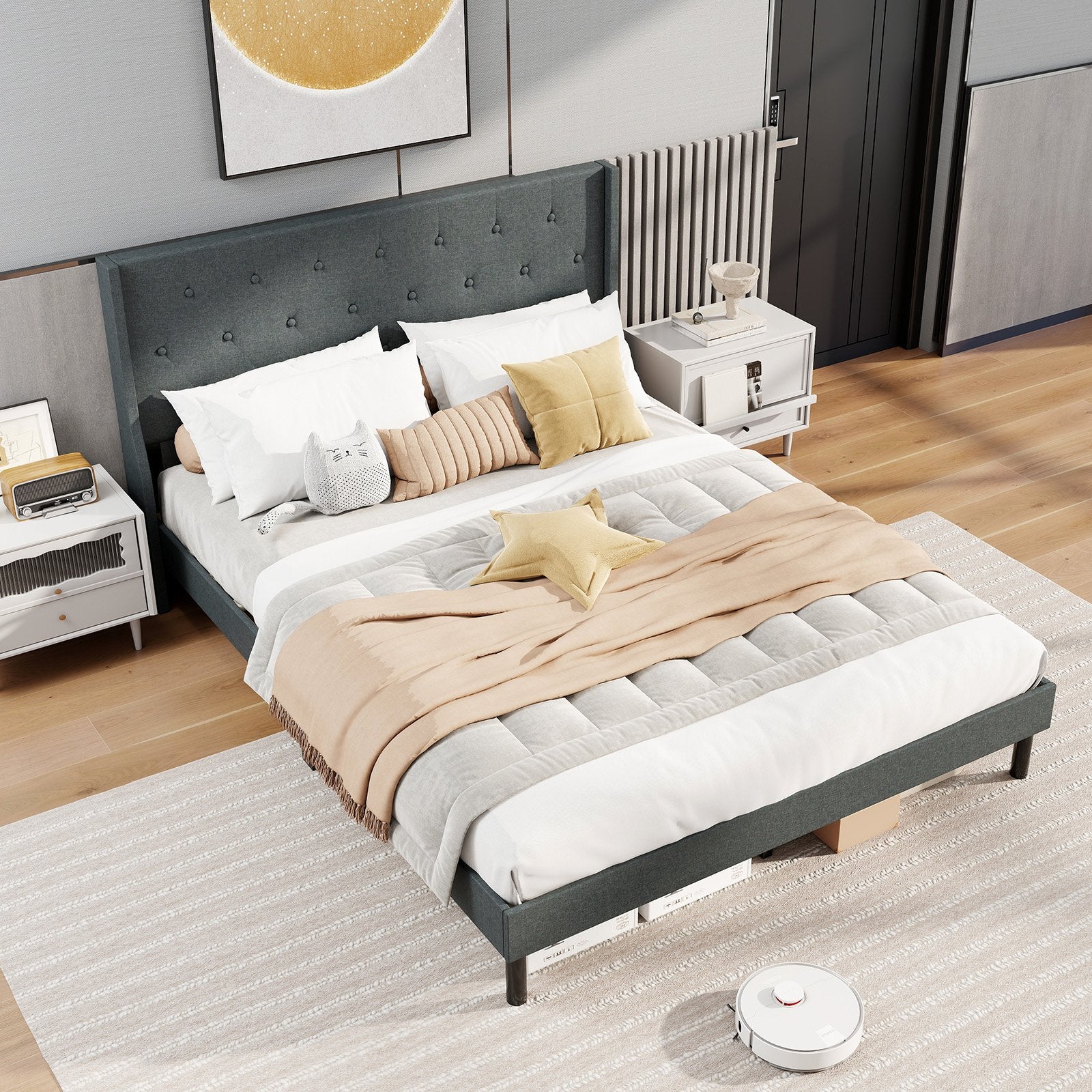 Queen Size Upholstered Bed Frame with Button Tufted Wingback Headboard and Wooden Slats Support Mattress Foundation-Gray
