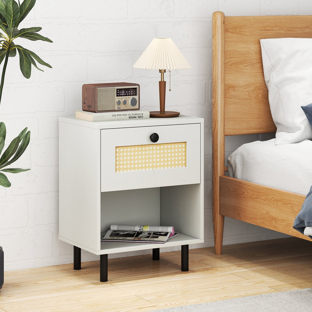 Rattan Nightstand Boho End Table with Rattan Drawer and Open Shelf Set of 2-Natural
