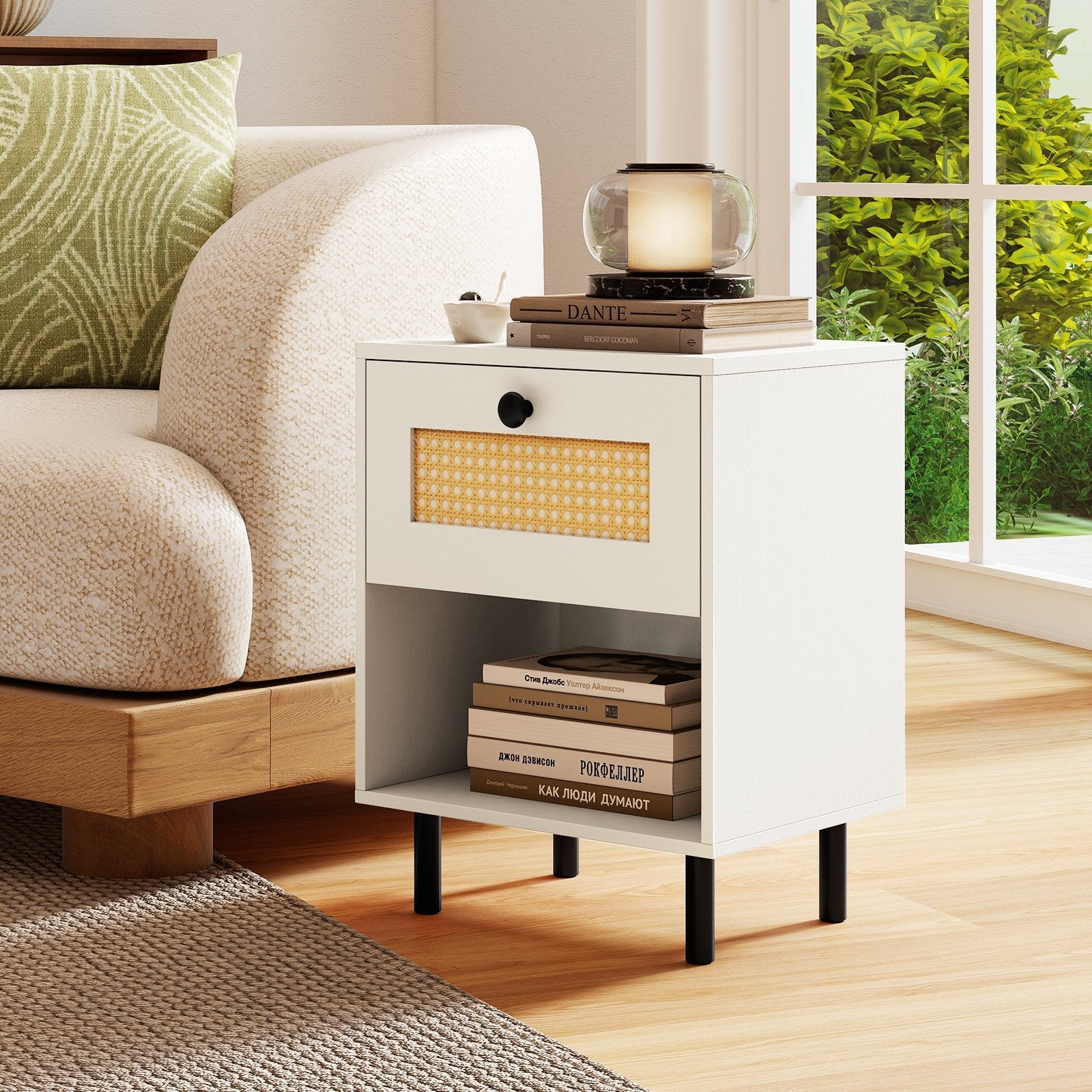 Rattan Nightstand Boho End Table with Rattan Drawer and Open Shelf Set of 2-Natural