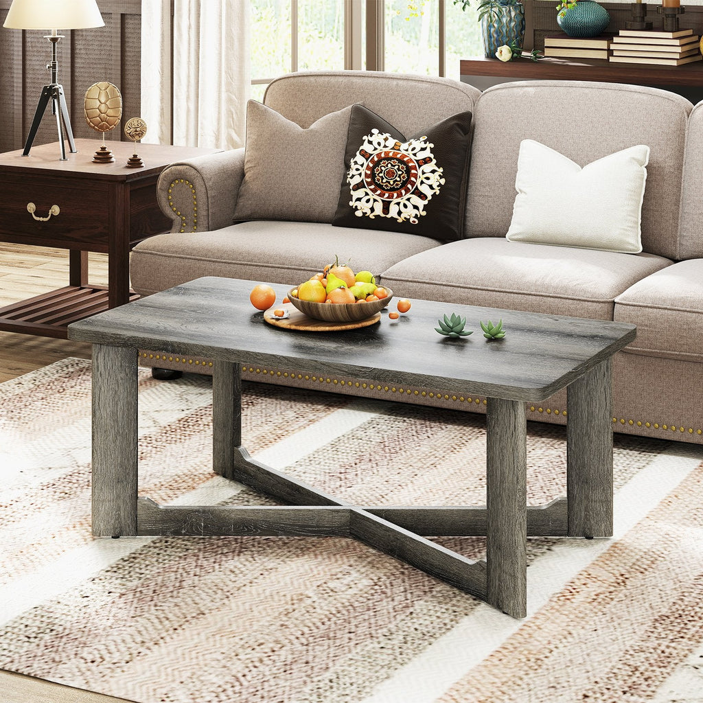 Rectangle Coffee Table Rubber Wood with X-Shaped Base-Gray