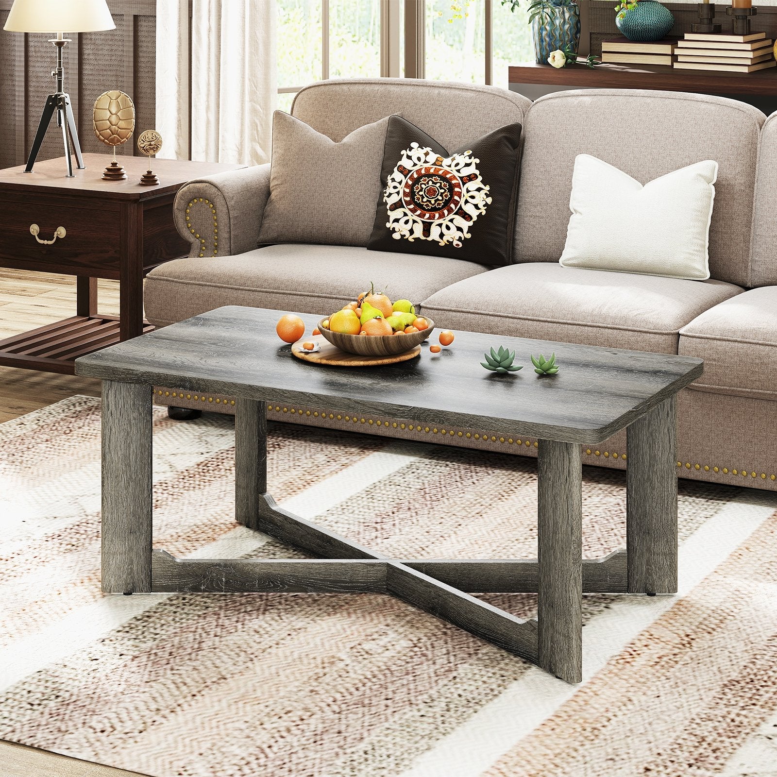 Rectangle Coffee Table Rubber Wood with X-Shaped Base-Gray