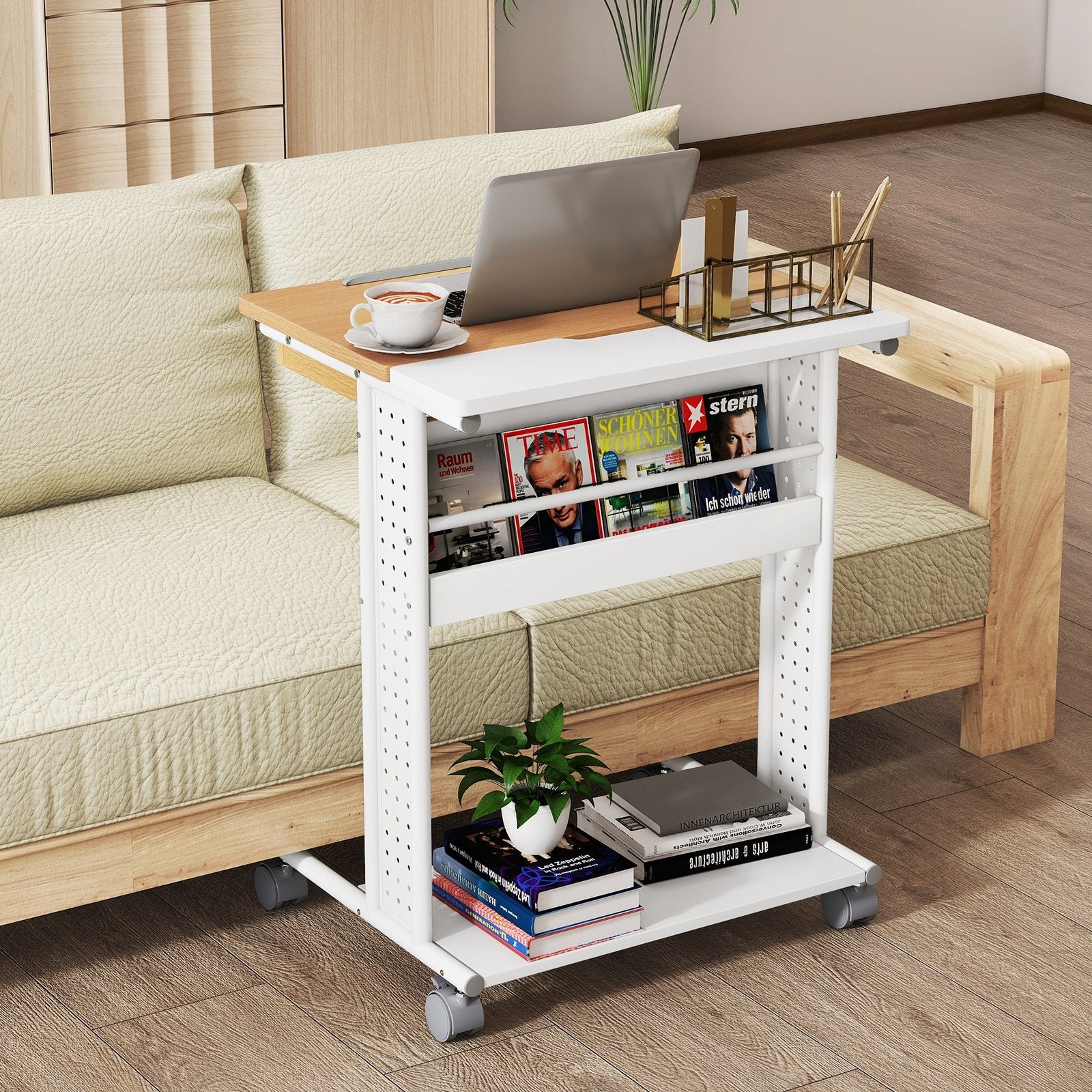 Rolling Portable Desk Laptop Desk with Tilting Tabletop Hidden Compartment-Natural