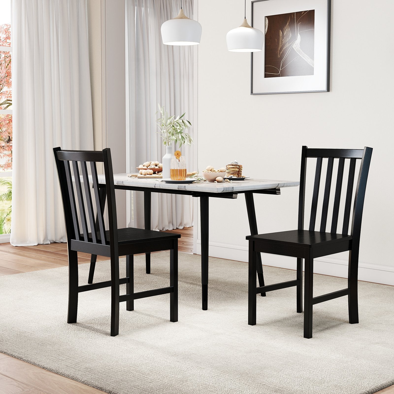 Rustic Dining Chairs Set of 2 Wooden Kitchen Chairs with Slat Tilt Backrest-black