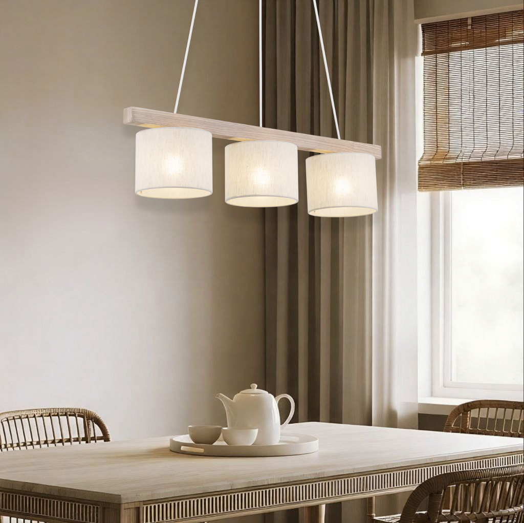VARO Scandinavian Wood & Linen Pendant Light for Kitchen Island & Dining Table