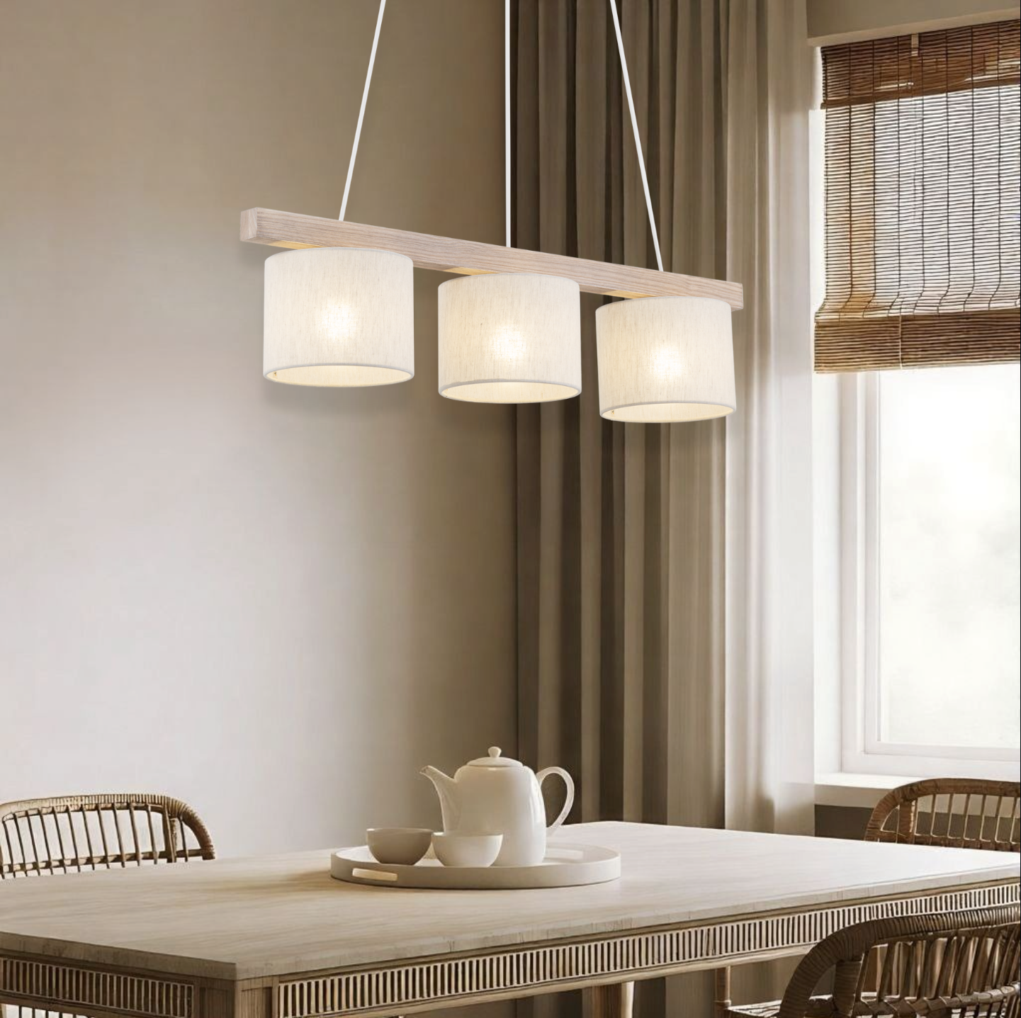 VARO Scandinavian Wood & Linen Pendant Light for Kitchen Island & Dining Table