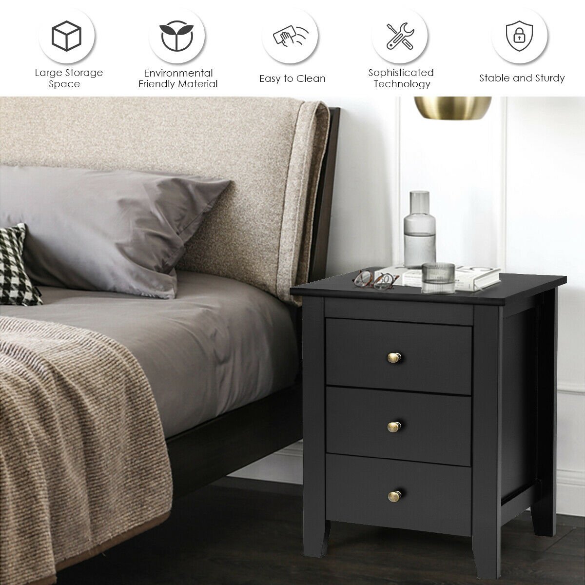 Set of 2 Nightstand End Beside Table Drawers-Black
