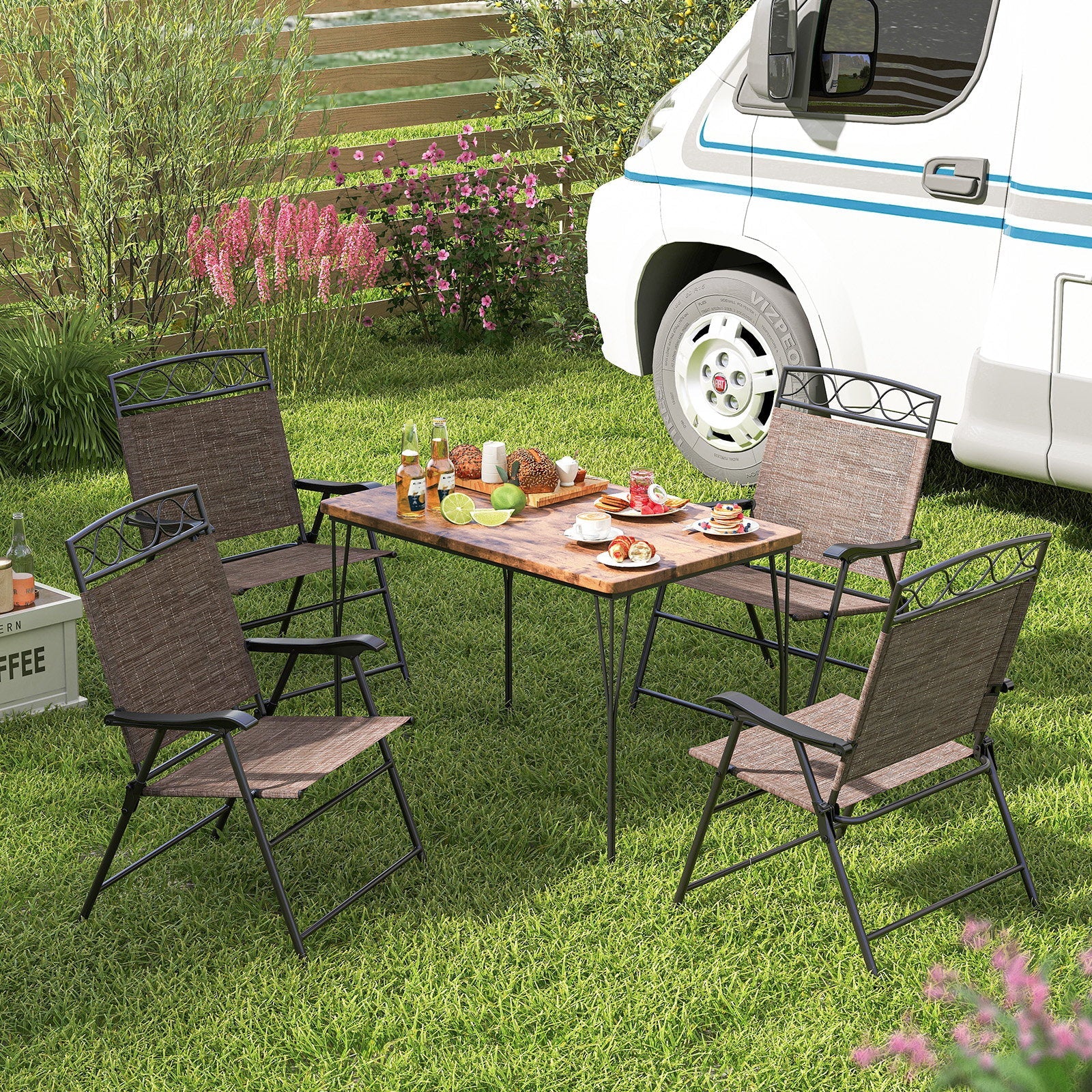 Set of 4 Patio Folding Chairs Set Dining Chairs with Armrests-Beige