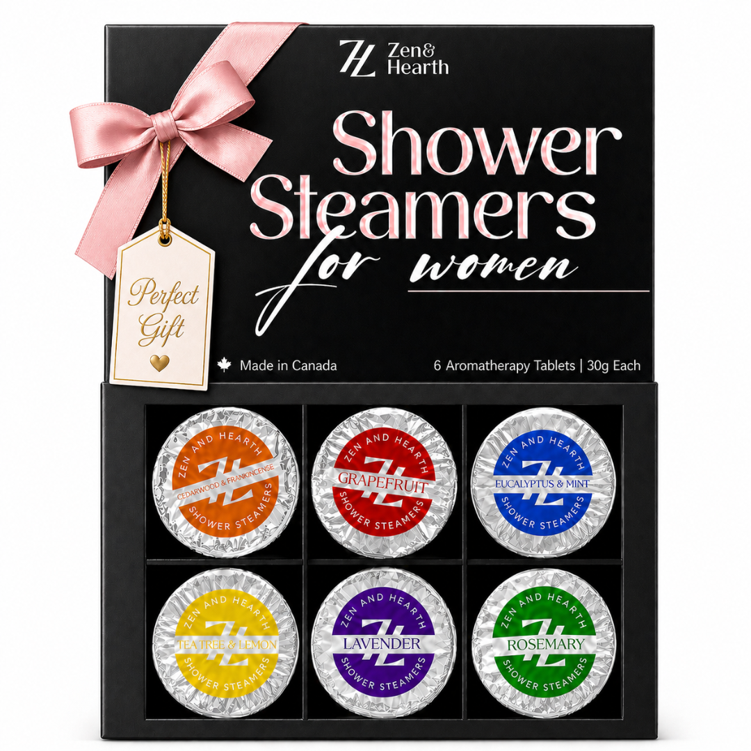 Zen & Hearth Shower Steamer Gift Set – 6 Aromatherapy Scents in Premium Gift Box | Natural Essential Oil Self-Care Gift for Women, Birthdays & Holidays | Handmade in Canada
