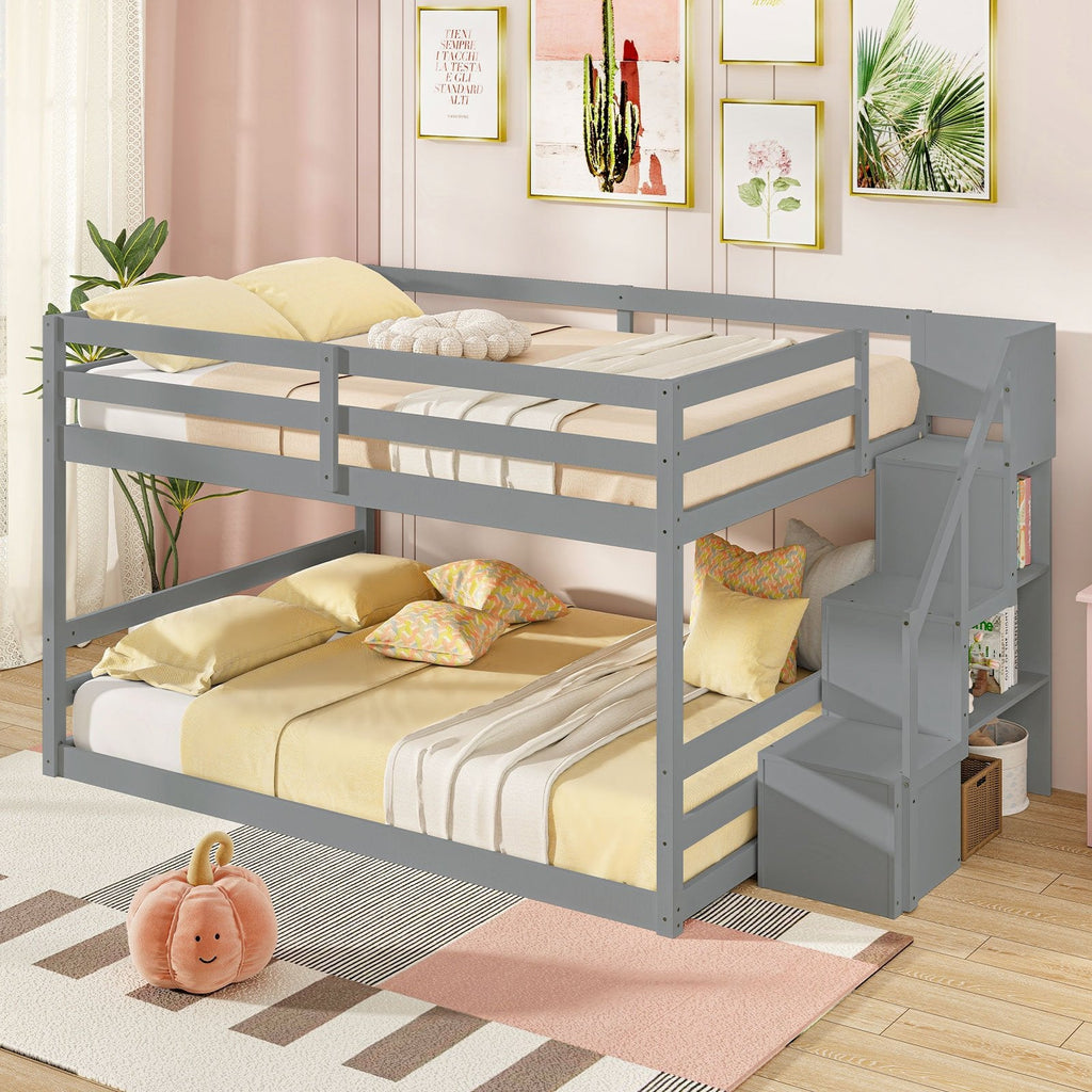 Solid Wood Full Over Full Low Bunk Bed with Storage Stairs-Gray