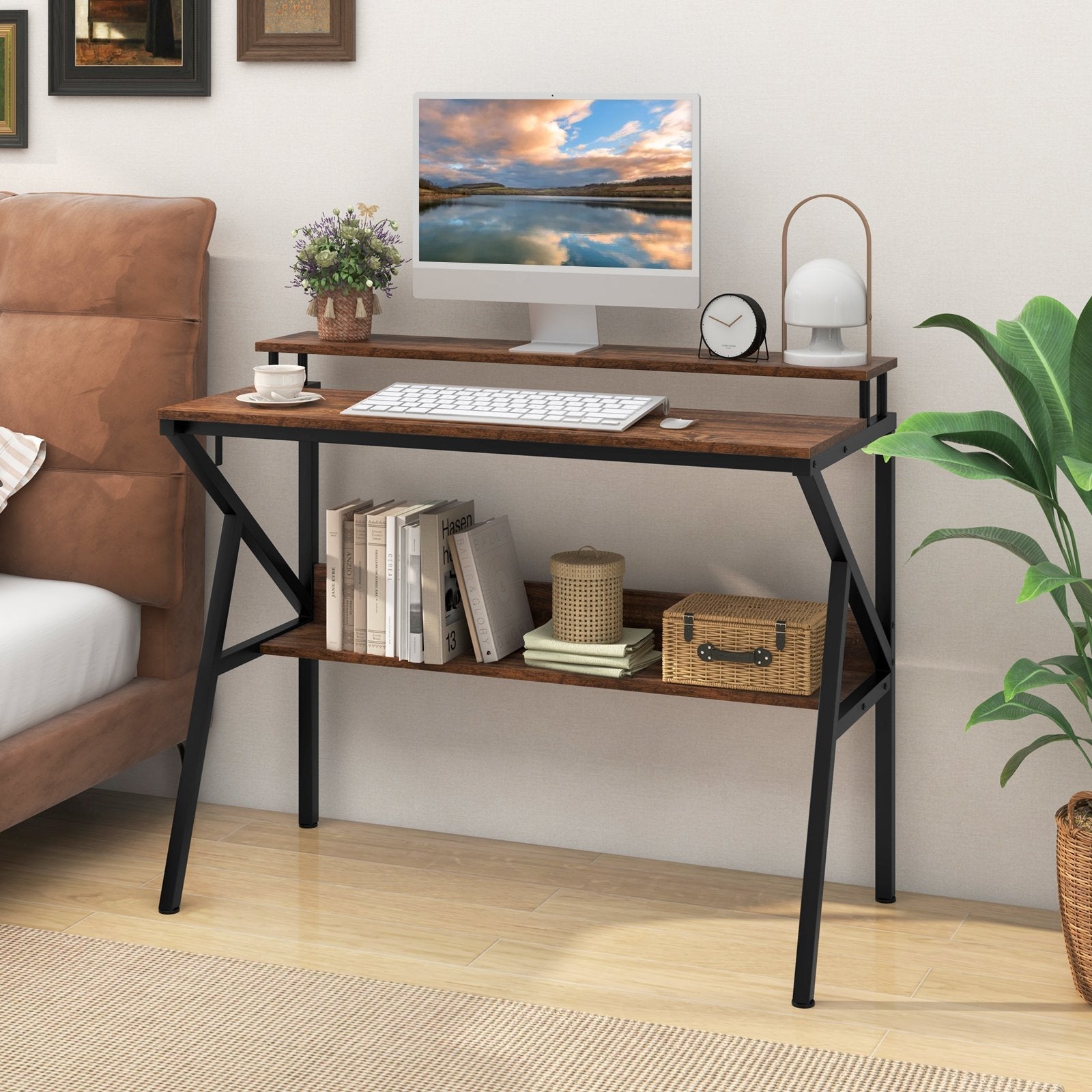 Space Saving Computer Desk with Monitor Stand and Extra Storage Shelf for Work Study-Black