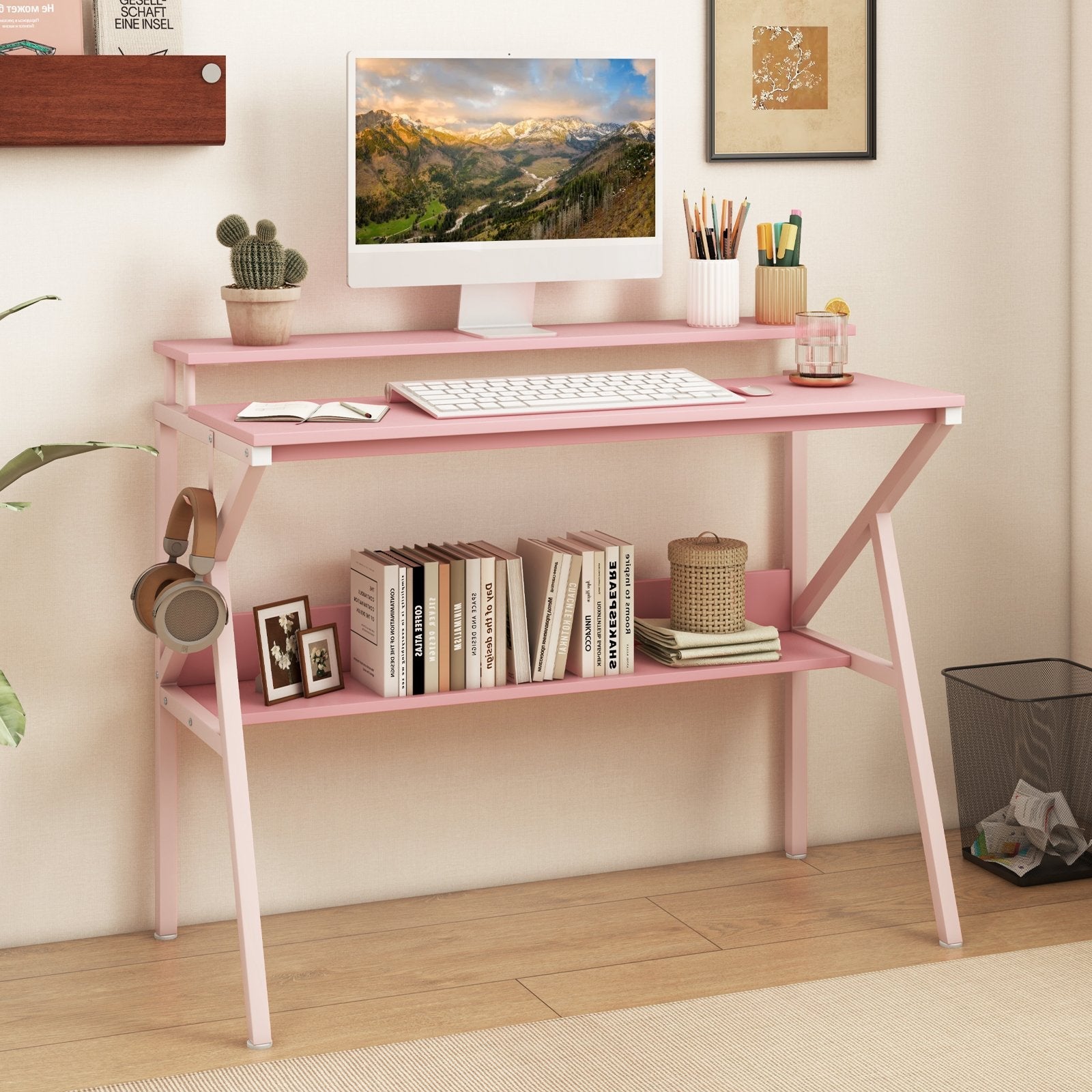 Space Saving Computer Desk with Monitor Stand and Extra Storage Shelf for Work Study-Black
