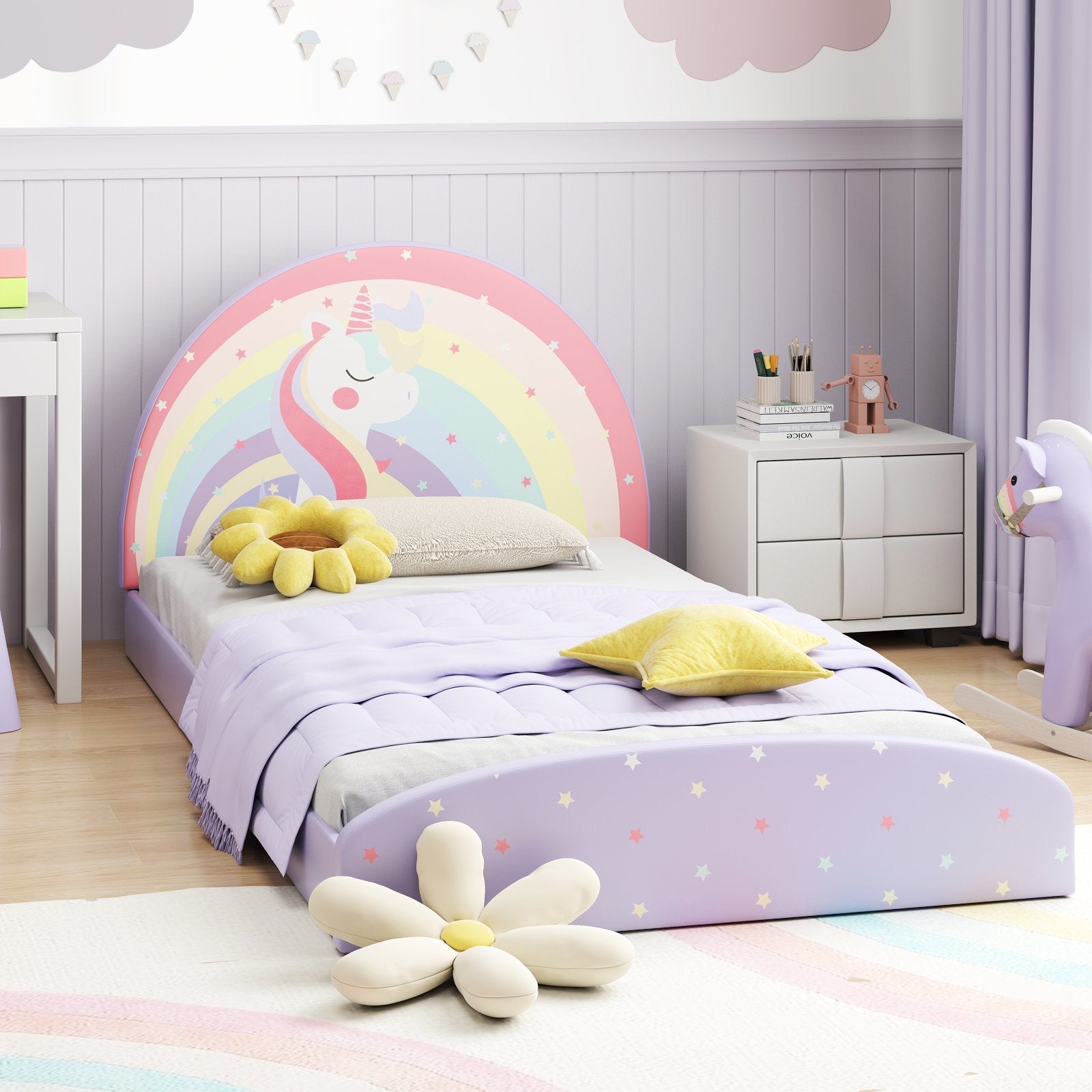 Twin Floor Bed Frame Upholstered Twin Size Kids Floor Bed with 210D Oxford Cloth Floor Mat-Blue