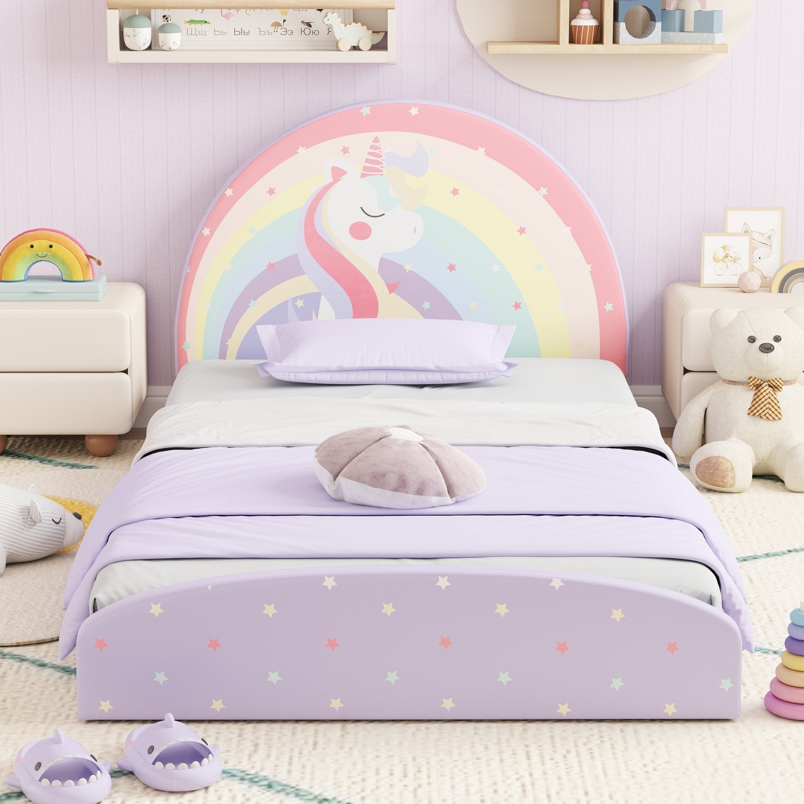 Twin Floor Bed Frame Upholstered Twin Size Kids Floor Bed with 210D Oxford Cloth Floor Mat-Blue