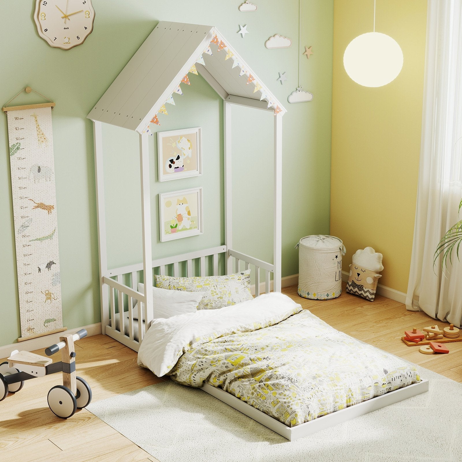 Twin Size House Bed with House Shape Roof and Semi-Fence-Natural