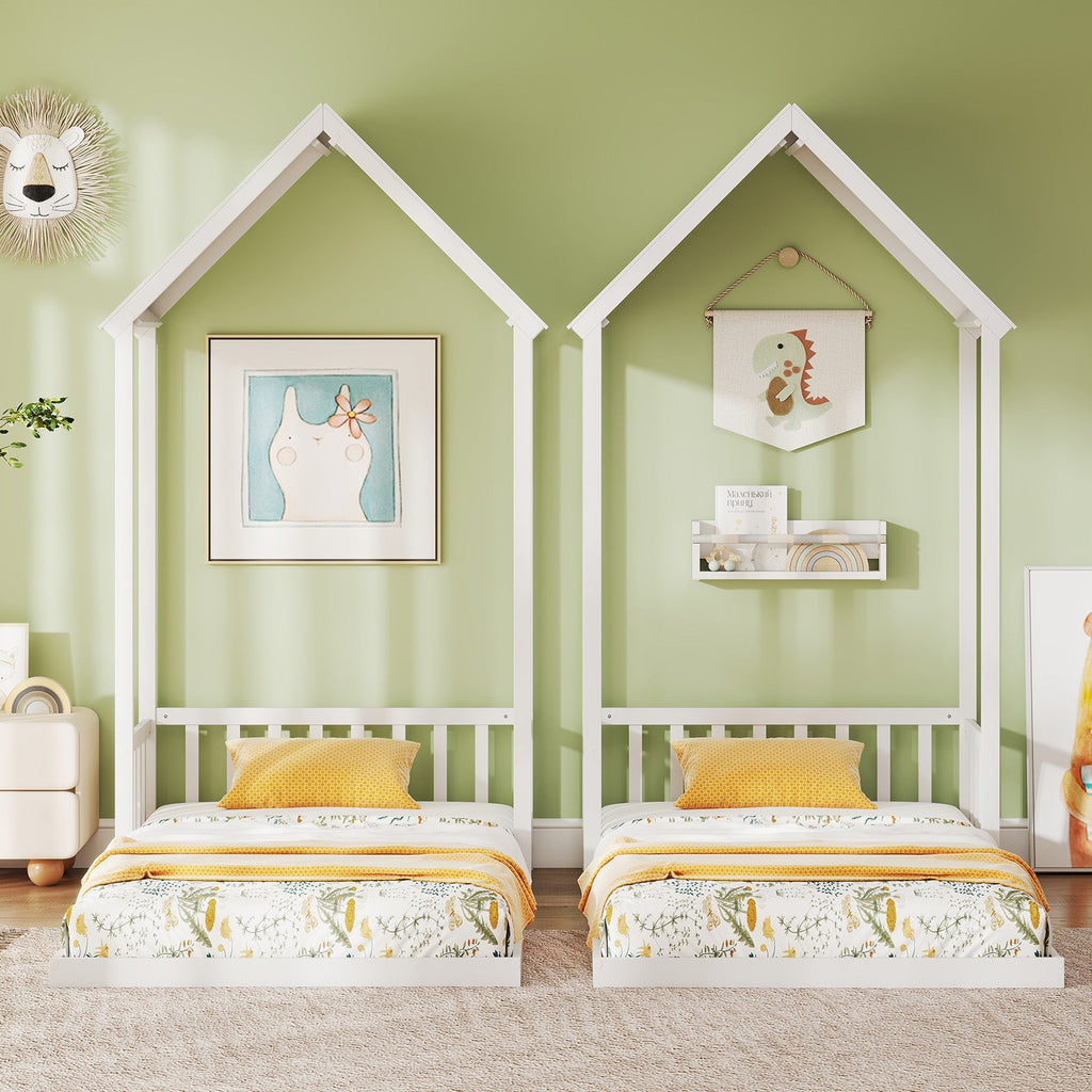 Twin Size House Bed with House Shape Roof and Semi-Fence-Natural