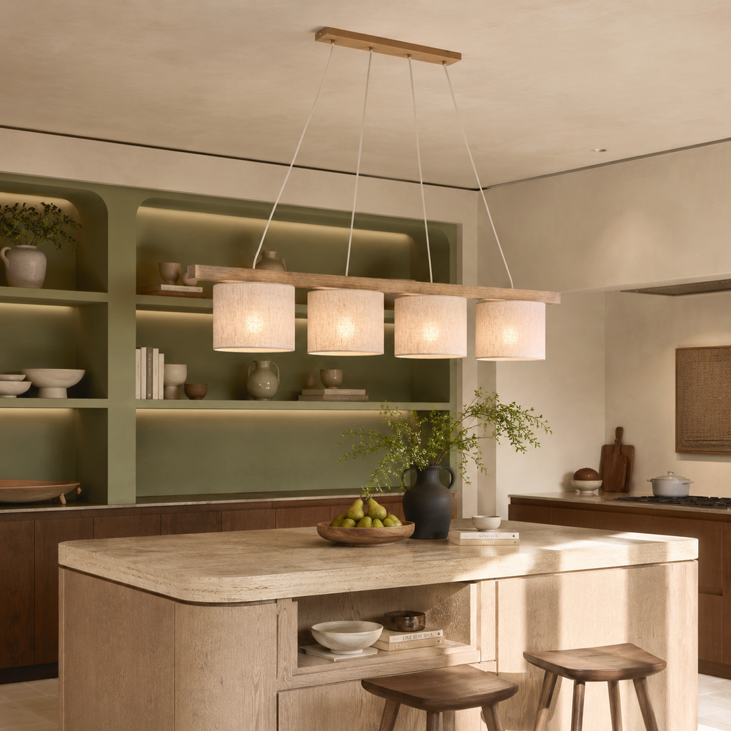 VARO Scandinavian Wood & Linen Pendant Light for Kitchen Island & Dining Table